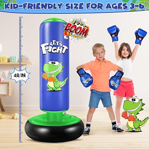 Miniatura 5 de Saco de boxeo inflable, saco de boxeo de 48 pulgadas para niños con guantes de boxeo, juego de boxeo estable para karate, taekwondo, juguete de