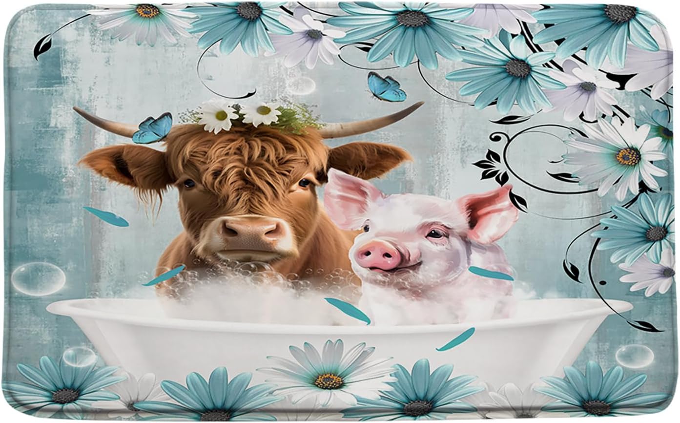 Farmhouse Highland Cow Bath Mat Rustic Western Farm Animal Longhorn Bull Pig Floral Vintage Country Bathroom Doormat Toilet Floor Rug,16x24+17.8x29.5+24x36 Inches, Blue Pink Brown