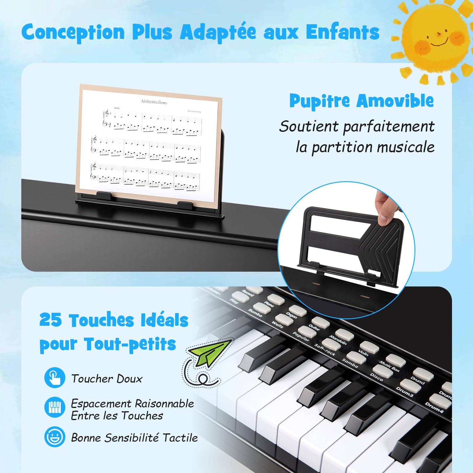 COSTWAY Clavier Piano Enfant 25 Touches, Piano Numérique en Bois avec Tabouret & Pupitre Amovible, Mode d'apprentissage, Vitesse & Volume Réglables, Haut-Parleur pour 3 Ans+ (Noir)