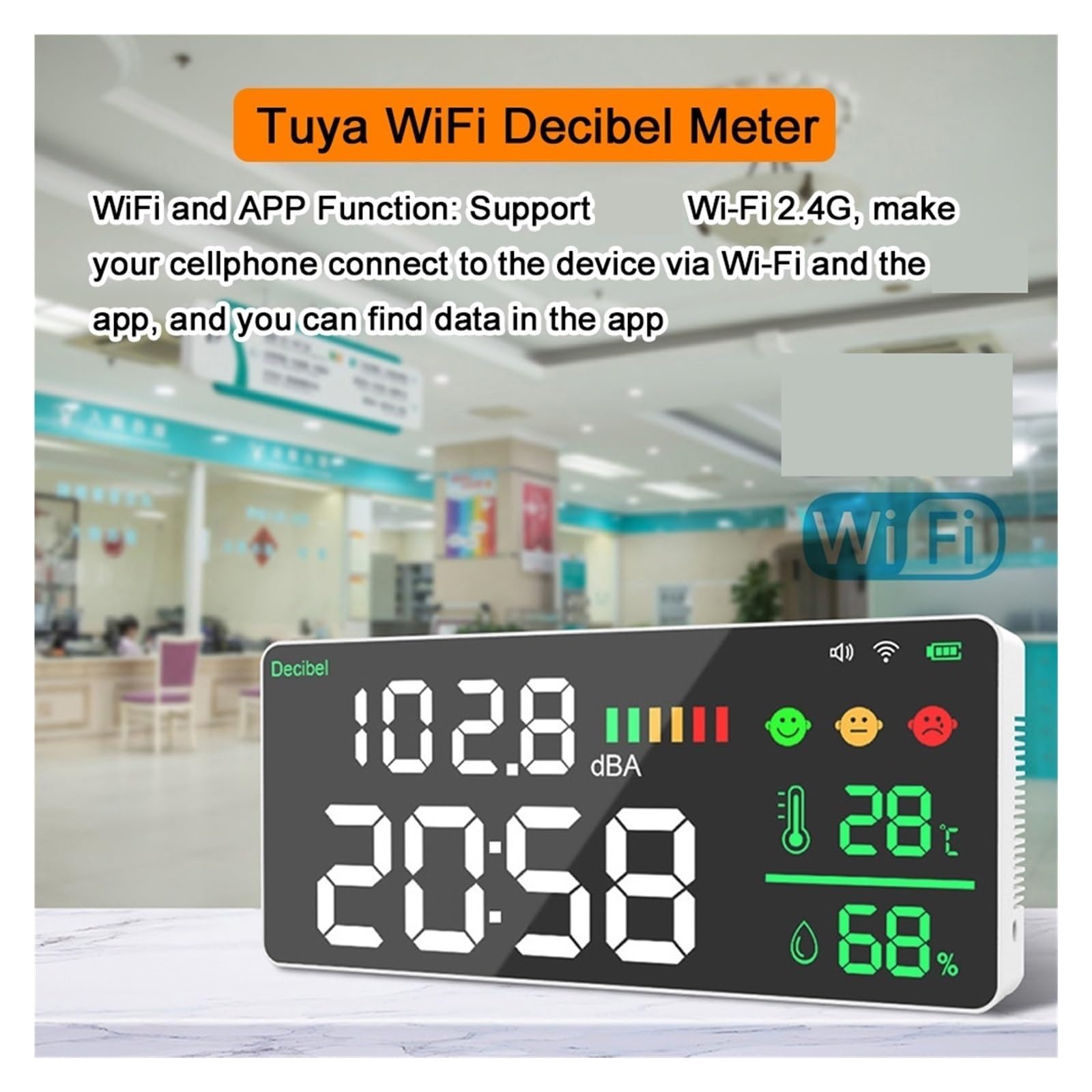Misuratore di Decibel WiFi Misuratore di Decibel 4 in 1 Temperatura umidità Test Decibel Sveglia Display a Colori LED da 11 Pollici Controllo