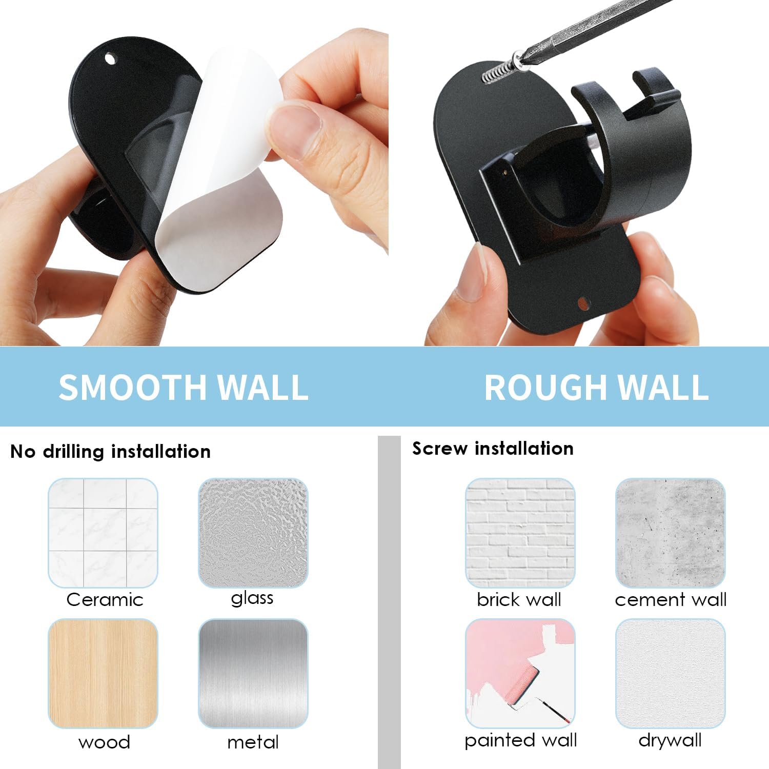 No Drill Curtain Rod Holder Hangers - Self Adhesive Curtain Rod Hook - Upgrade Large No Drilling Plastic Curtain Rod Brackets Renter Friendly Curtain Rod Hanger (4PCS Black)