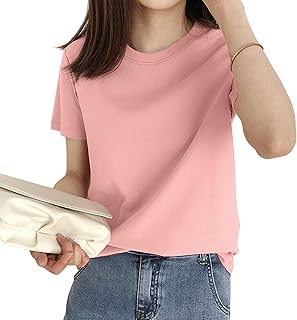 [EAXGO] 【6.35オンス x 綿100】 Tシャツ レディース 半袖 【フィット感の再定義・「独自ライン効果」で着痩せ】ティーシャツ シャツ トップス 重ね着 ゆったり 着回しカ 無地 透け防止 体型カバー おしゃれ (JP, アルファベット, L, 標準, ピンク)