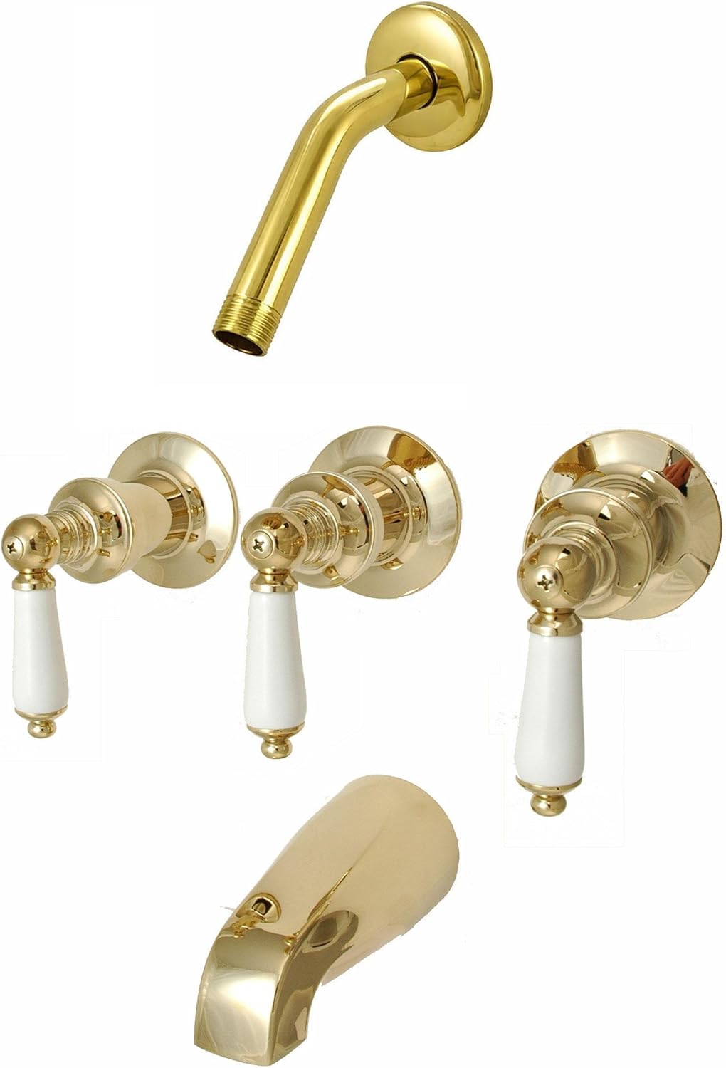 Trim Kit for 3-handle Shower Valve Porcelain Lever Handle, No Shower Head, Fit Price Pfister Compression Stem Shower, By PlumbUSA Polish Brass Finish