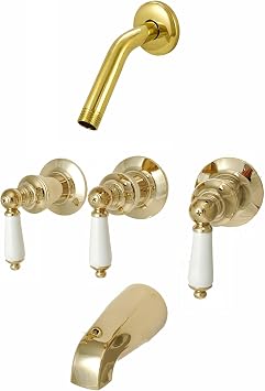 Trim Kit for 3-handle Shower Valve Porcelain Lever Handle, No Shower Head, Fit Price Pfister Compression Stem Shower, By PlumbUSA Polish Brass Finish