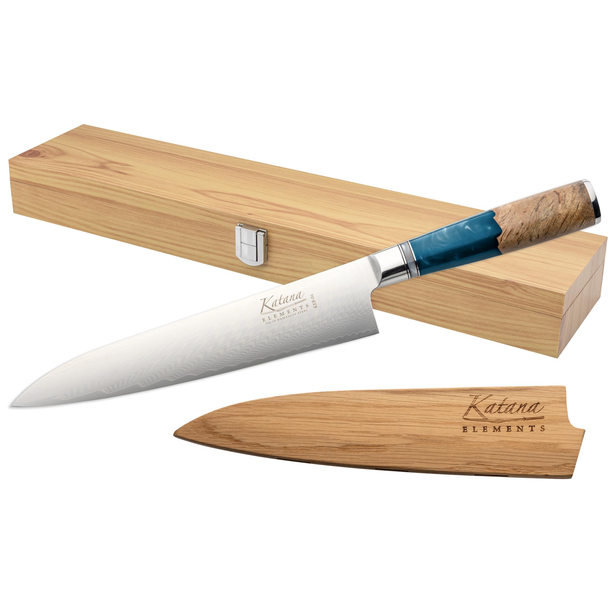 Katana Saya Elements 20cm Gyuto Knife, Ocean Blue, Kitchen Knife, Japanese 67-Layer VG-10 Damascus Stainless Steel, Natural Olivewood and Resin Handle
