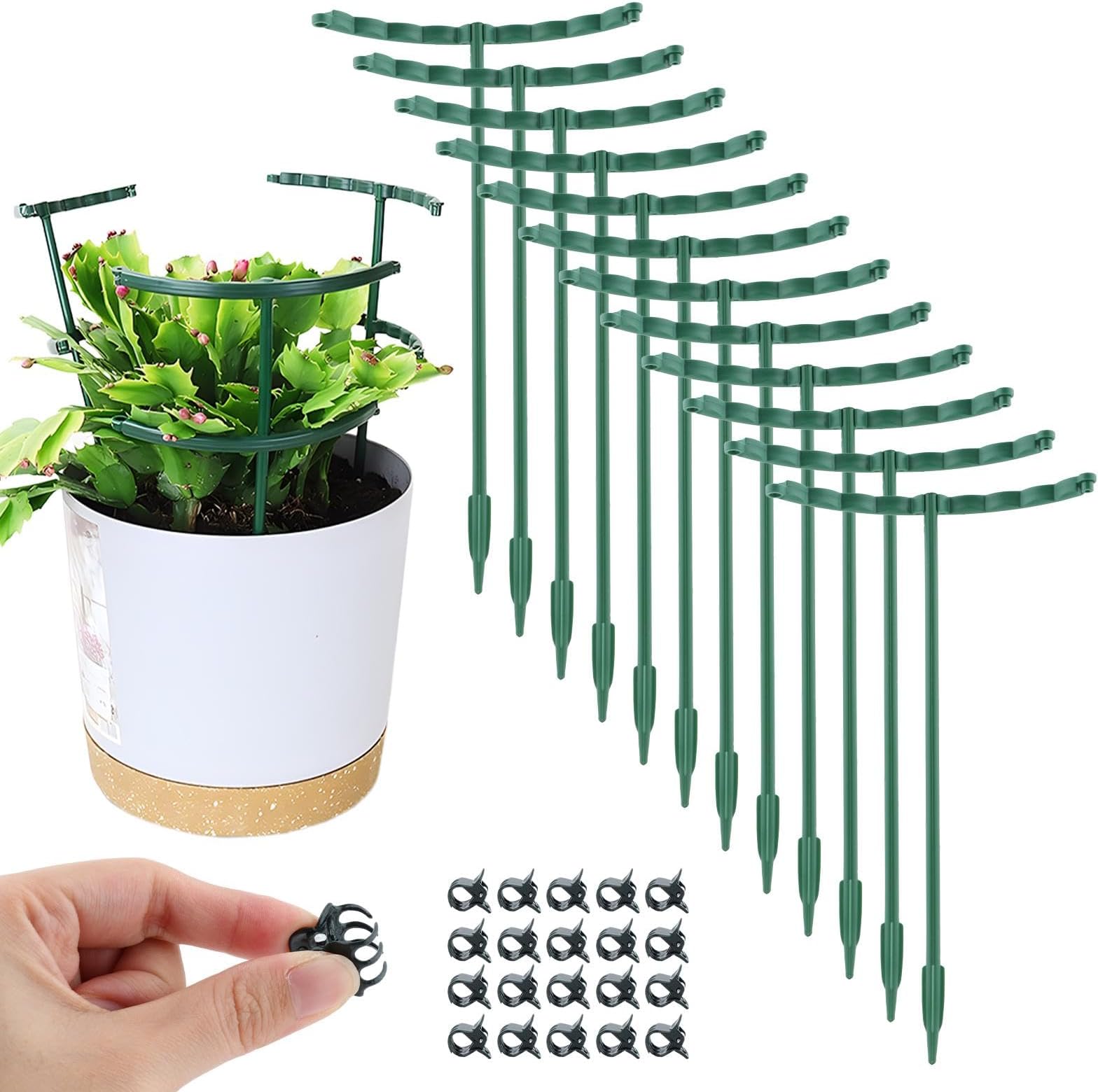 12Pcs Plant Support Stake,Half Round Plant Support Ring with 20 Pcs Clips,Plastic Plants Cage Holder for Small Plants Flower Vegetable,Indoor Leafy Plan t(Green,Size:24 x 14cm/9.45 x 5.51inch)