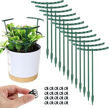 12Pack Plant Support Stake Half Round Plant Support Ring with 20 Pcs Clips | Plastic Stackable Garden Flower Support,Small Plant Stakes for Indoor Plants,Tomato,Peony, Hydrangea,Climbing Plants