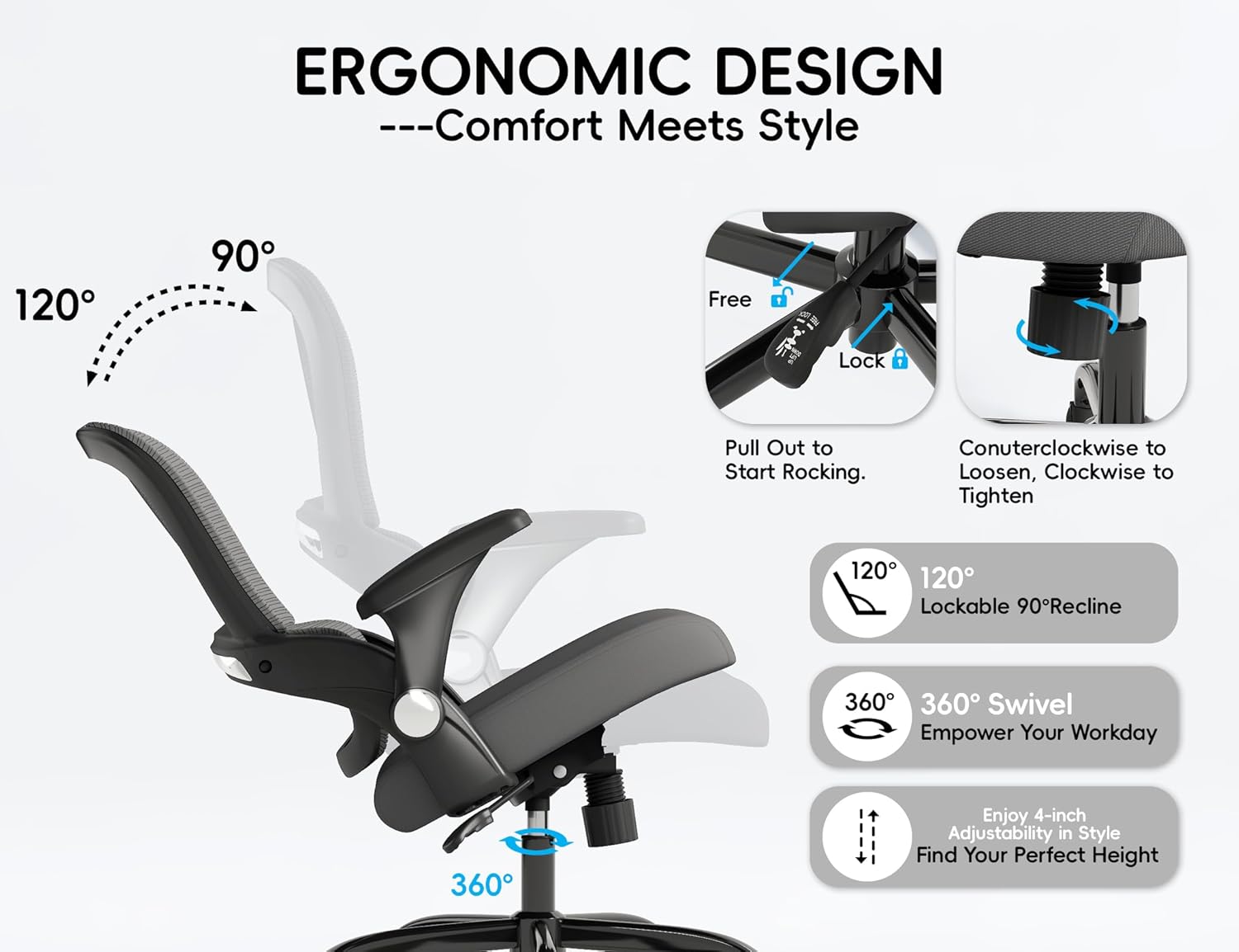 TRALT Office Chair - Ergonomic Office Chair with Back Support, Home Office Desk Chairs, 330lbs Wide Seat Big and Tall Office Chairs, Comfy Desk Chair for Work, Study, Office, Gaming (Black Grey) - 6