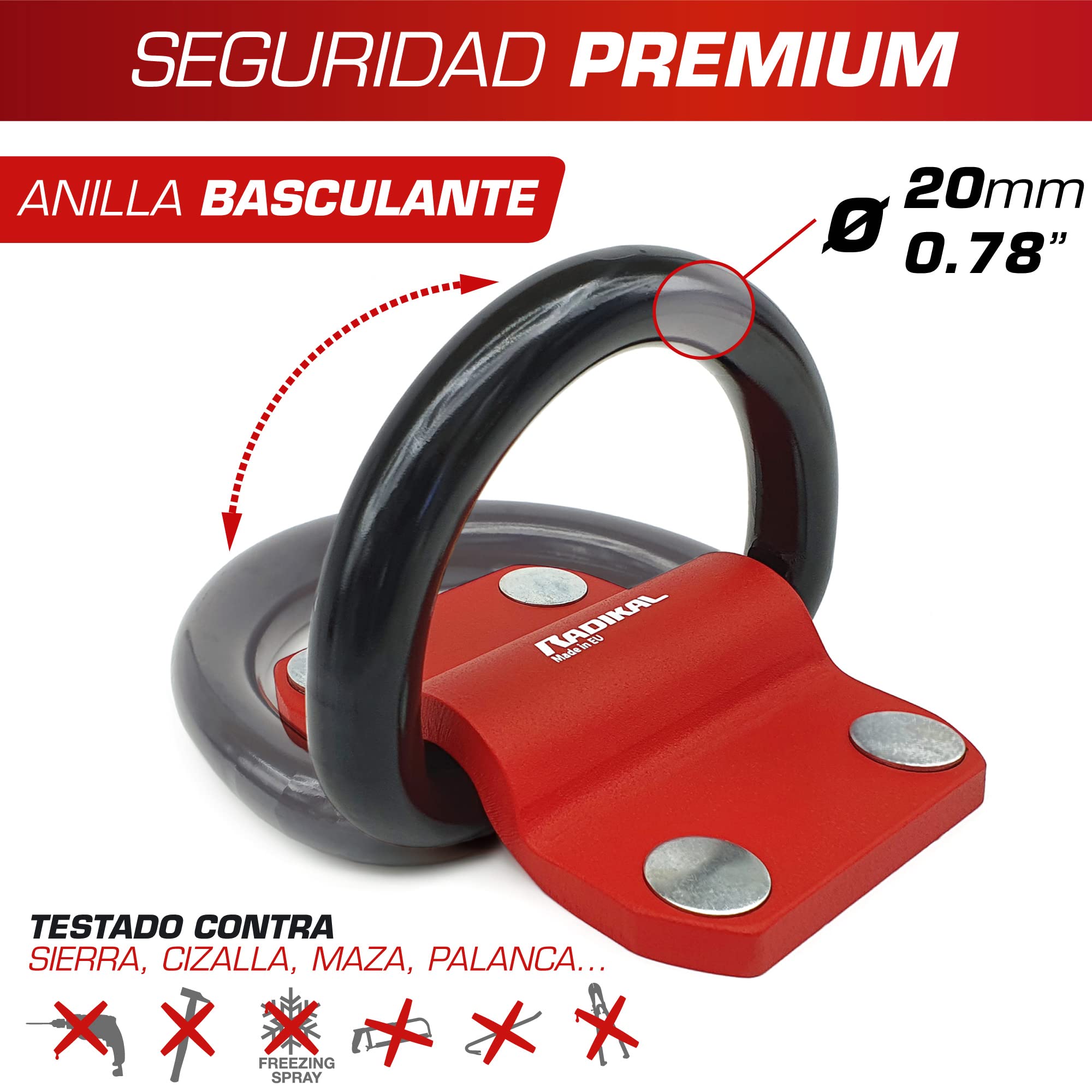 RADIKAL RK60 Anclaje Suelo Pared XXL Premium con Anilla Basculante de ø20mm para 2 Cadenas, Acero Máxima Resistencia y Tacos Blindados, Antirrobo Seguridad Universal para Anclar Moto Garaje Parking