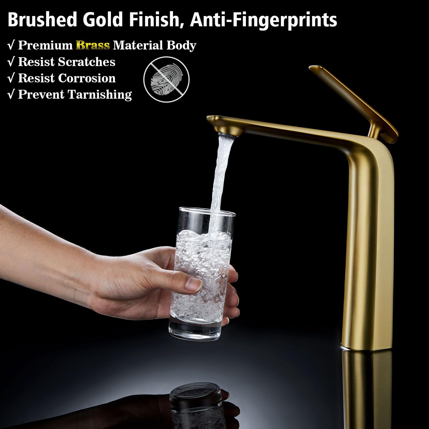 TOCALOCA Tall Bathroom Faucets Brushed Gold One Hole Single Handle Lever Faucet for Vessel Bowl Sink Premium Brass — view 3