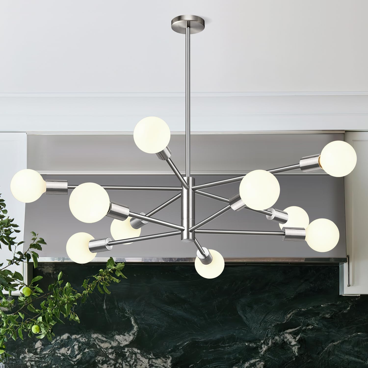 Photo 1 of 11"-52" Height Adjustable Sputnik Chandeliers Dining Room Light Fixture (10-Light, 32-Inch), Modern Brushed Nickel Chandelier, Mid Century Modern Chandeliers for Living Room (Bulbs Not Included)