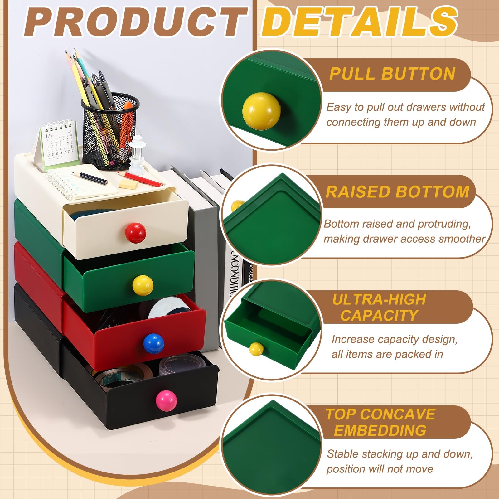 QUARKZMAN 2 Cassetti Impilabili Per Scrivania, Organizzatore Da Tavolo In Plastica Con Cassetti Scatola Di Archiviazione Per Casa Ufficio Cancelleria Trucco Bagno, Bianco/Verde Singolo