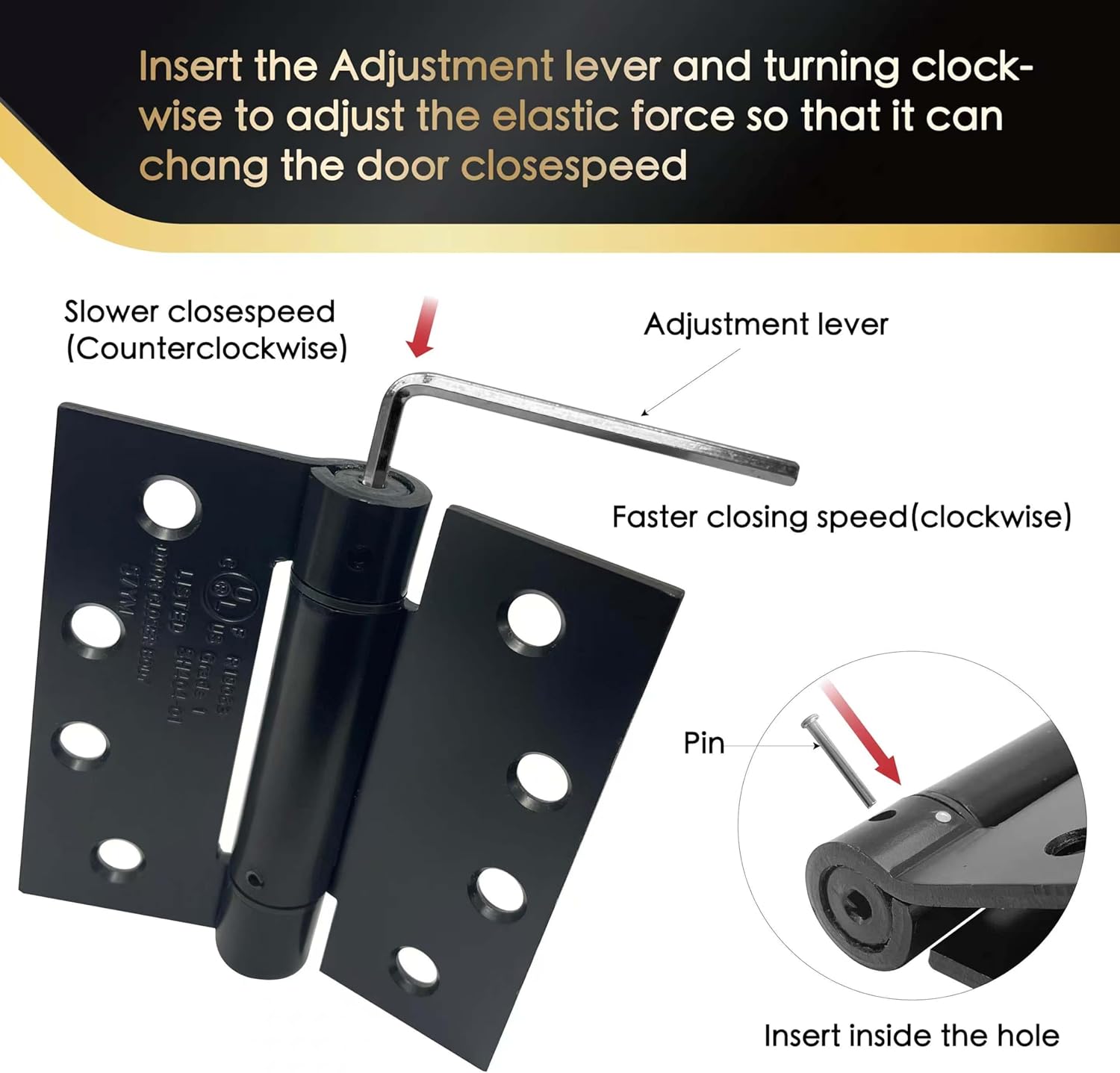 3 Pack - 4.0"x4.0" Self Closing Reversible Door Hinge - Heavy Duty Commercial Spring Door Hinge - UL Listed with Complete Installation Hardware (Matte Black), JS-3SP2