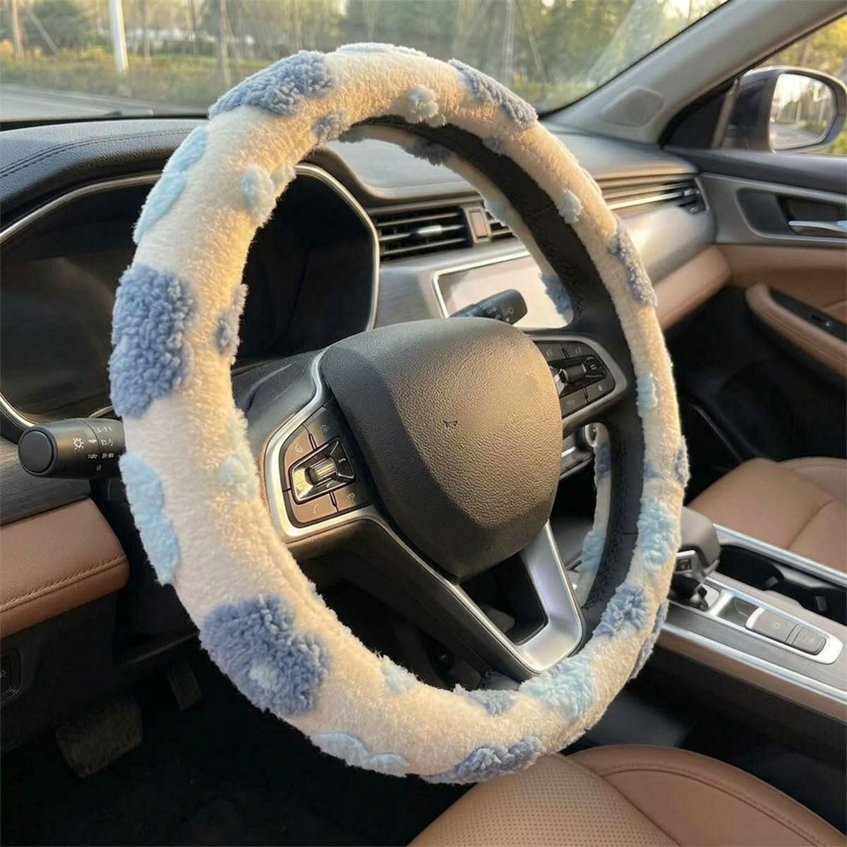 Plush Flowers Car Steering Wheel Cover, Warm Comfortable Car Steering Wheel Protector, Breathable Non-Slip Auto Interior Wheels Decoration Accessories for Most Cars (Blue)