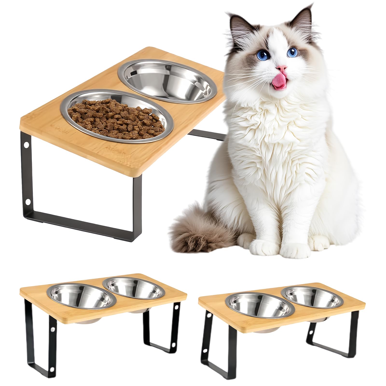Gamelles surélevées inox chat et petit chien - Support bois hauteur réglable 15°