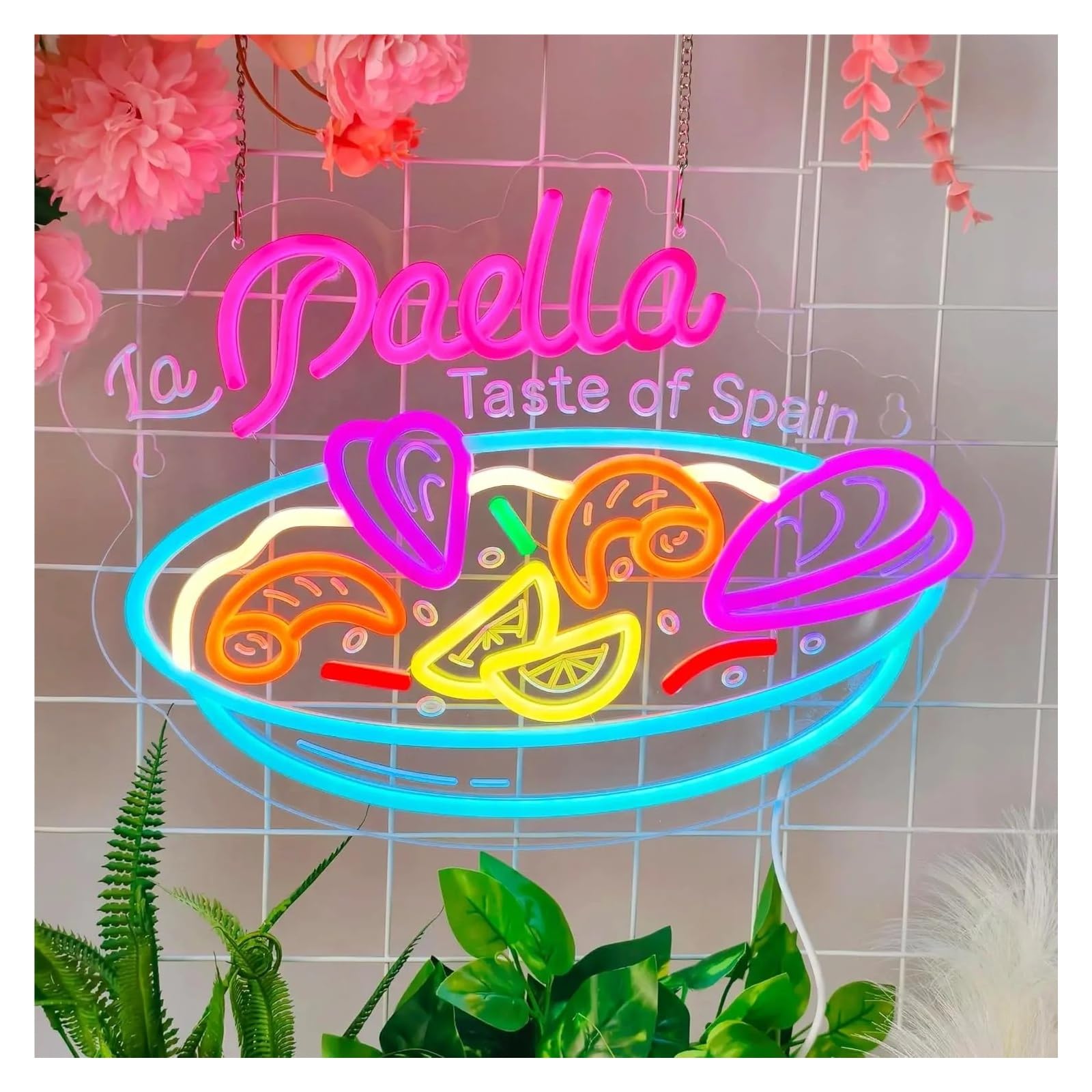 Hängende Kunst-Leuchtreklamen Paella-Neonschild, USB-dimmbares LED-Licht für Restaurant, Snack-Shop, Küche, Essensliebhaber, Party, Wandkunst, Dekoration, 15.75x11.81in