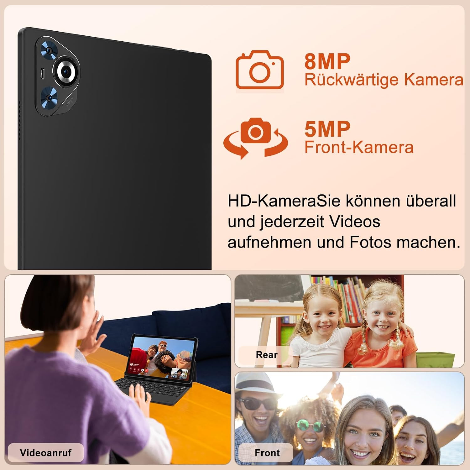 Dghrti TAB30 camera features, showing 8MP rear and 5MP front cameras, suitable for video calls and photos.