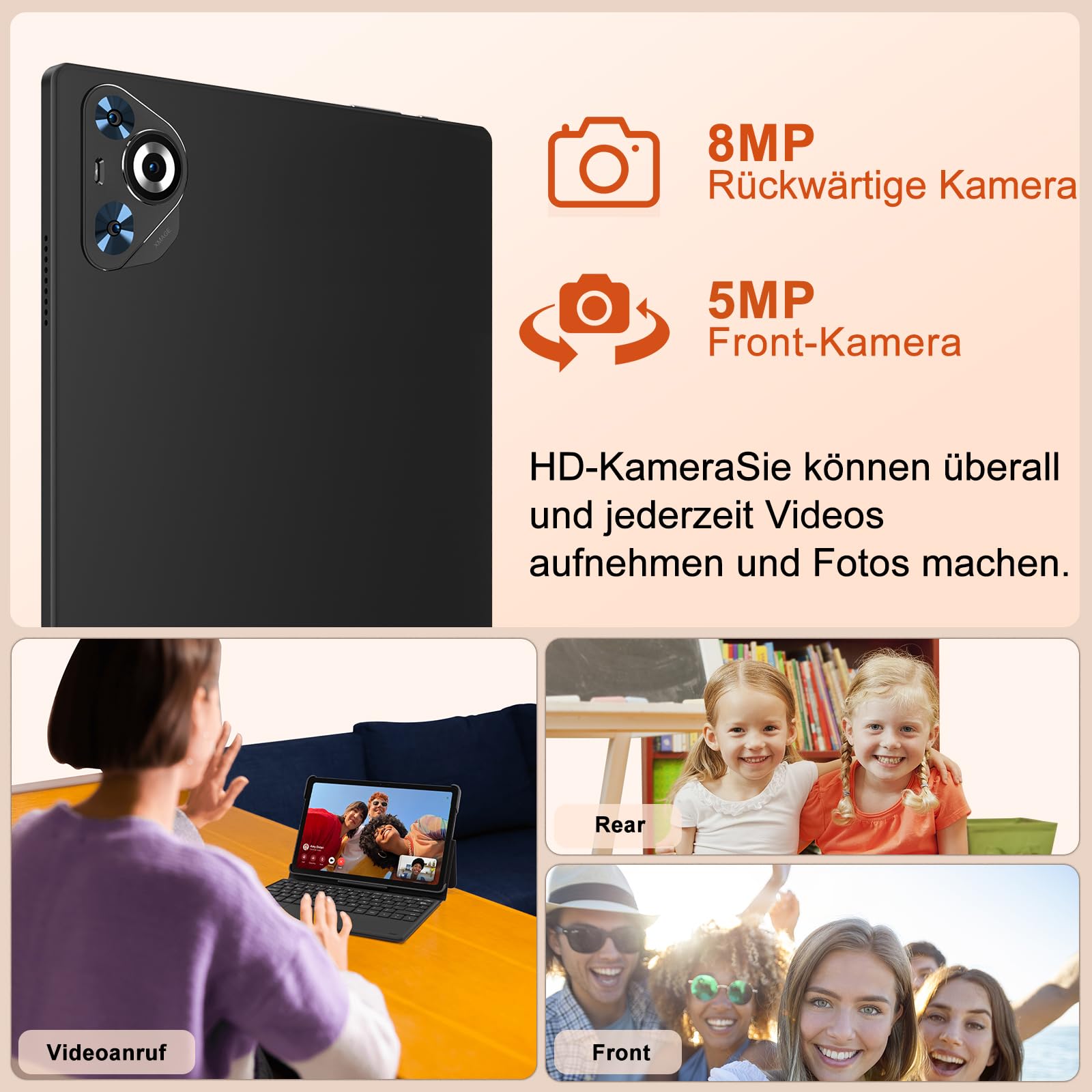 2026 Tablet 10 Zoll Android, 128GB ROM/TF 2TB, Octa-Core Prozessor, 8000mAh, BT5.0, 8MP+5MP, WiFi 5G+2.4G, Face ID, Widevine L1, Augenschutz, Tablet mit Tastatur & Maus Metallkörper-Schwarz