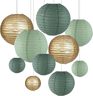 ZYOOO Pack of 10 Green Gold Paper Lanterns, Round Lampshade, Set of 3 Colours, 25 cm, 20 cm, 15 cm, Sage Green Lanterns, Wedding, Rustic Party, Bridal Shower, Birthday Party, Garden Party Decoration