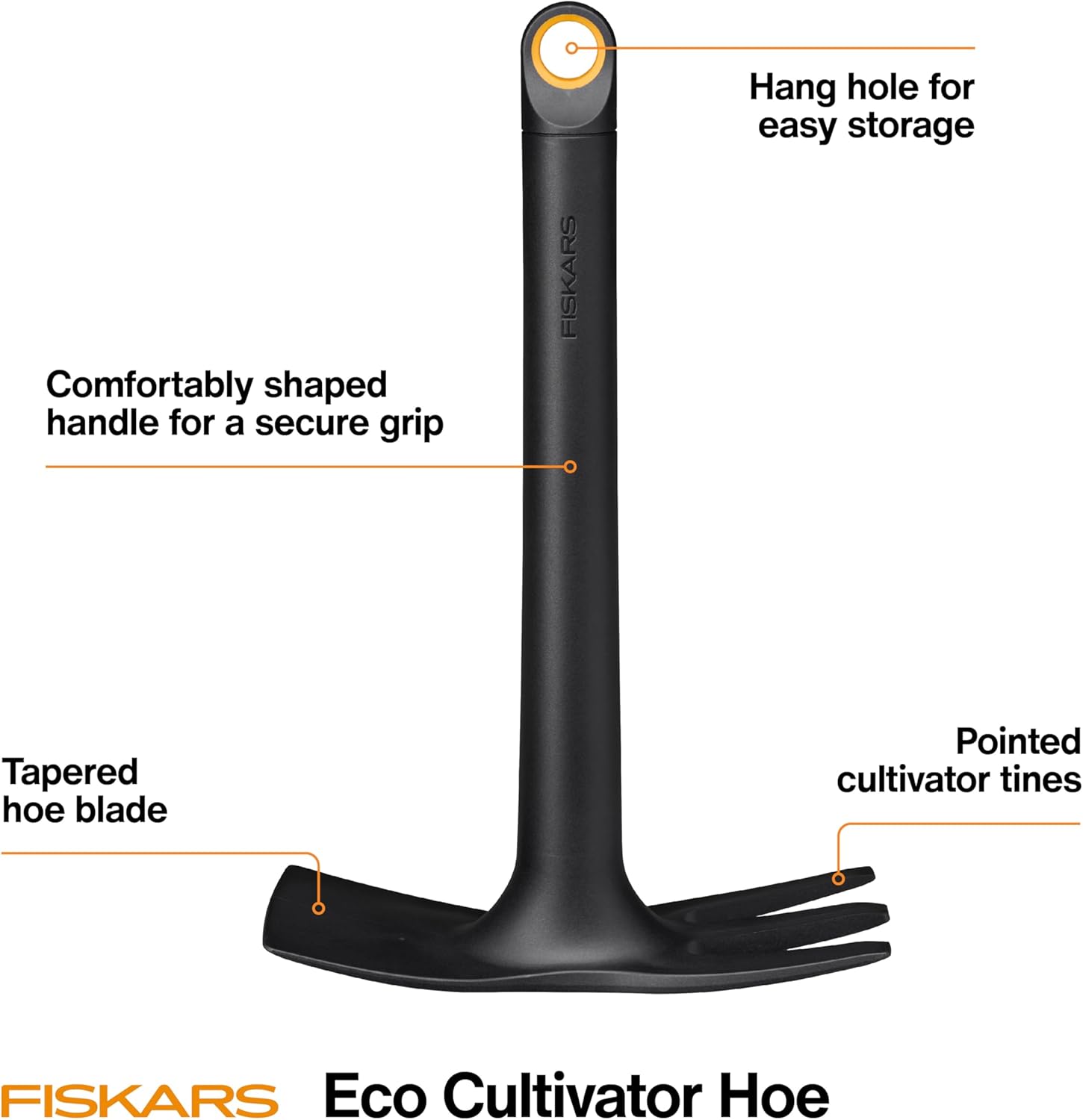 Fiskars Eco Cultivator Hoe with Dual-Function Design, Tapered Blade, Cultivator Tines, Ergonomic Handle, and UV-Resistant Build for Soil Care