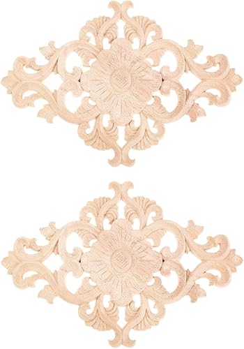MUXSAM - Apliques tallados en madera, 2 piezas decorativas de madera, calcomanías de centro de muebles sin pintar para gabinete, tocador, cama,