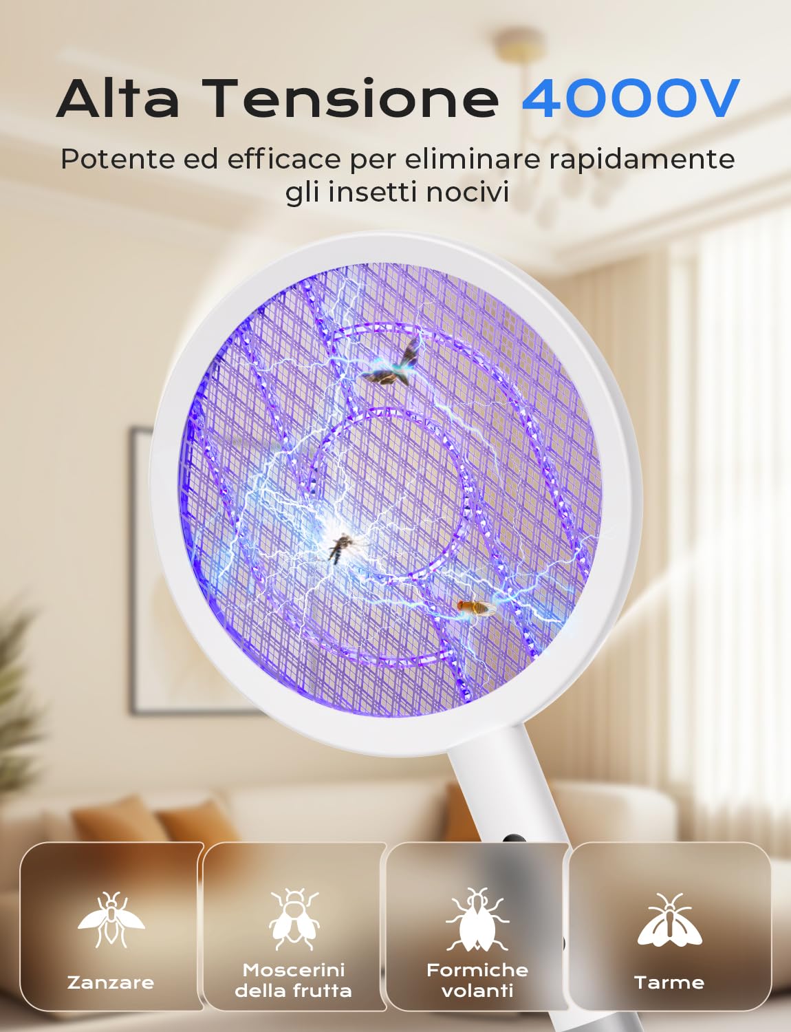 YISSVIC Racchetta Zanzare Elettrica, Racchetta Anti Insetti, 1800mah, Paletta Potente 4000V, Base Ricaricabile, Ricarica USB-C Contro Zanzare, Falene Volanti, Bianco
