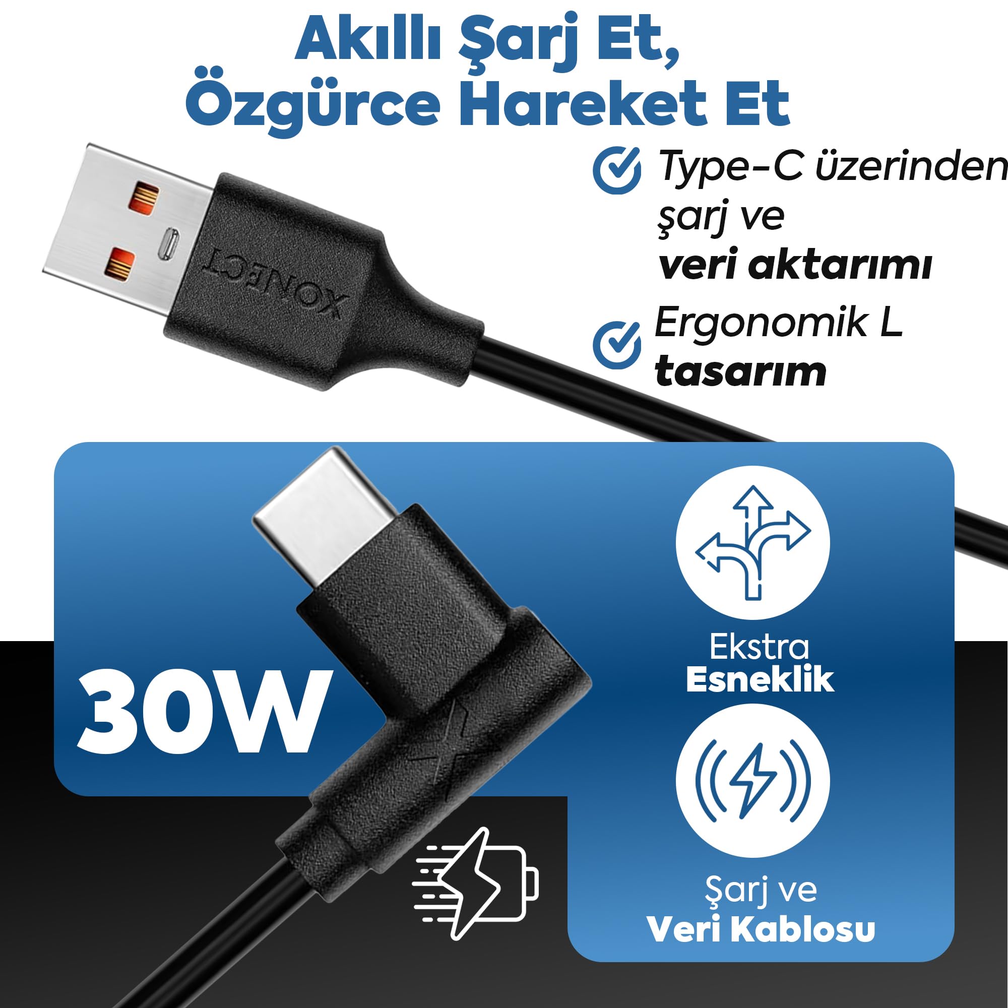 XONECT USB to Type-C ile Uyumlu iPhone ve Samsung ile Uyumlu Hızlı Şarj ve Data Kablosu 100 cm L Tipi Gaming (Siyah)