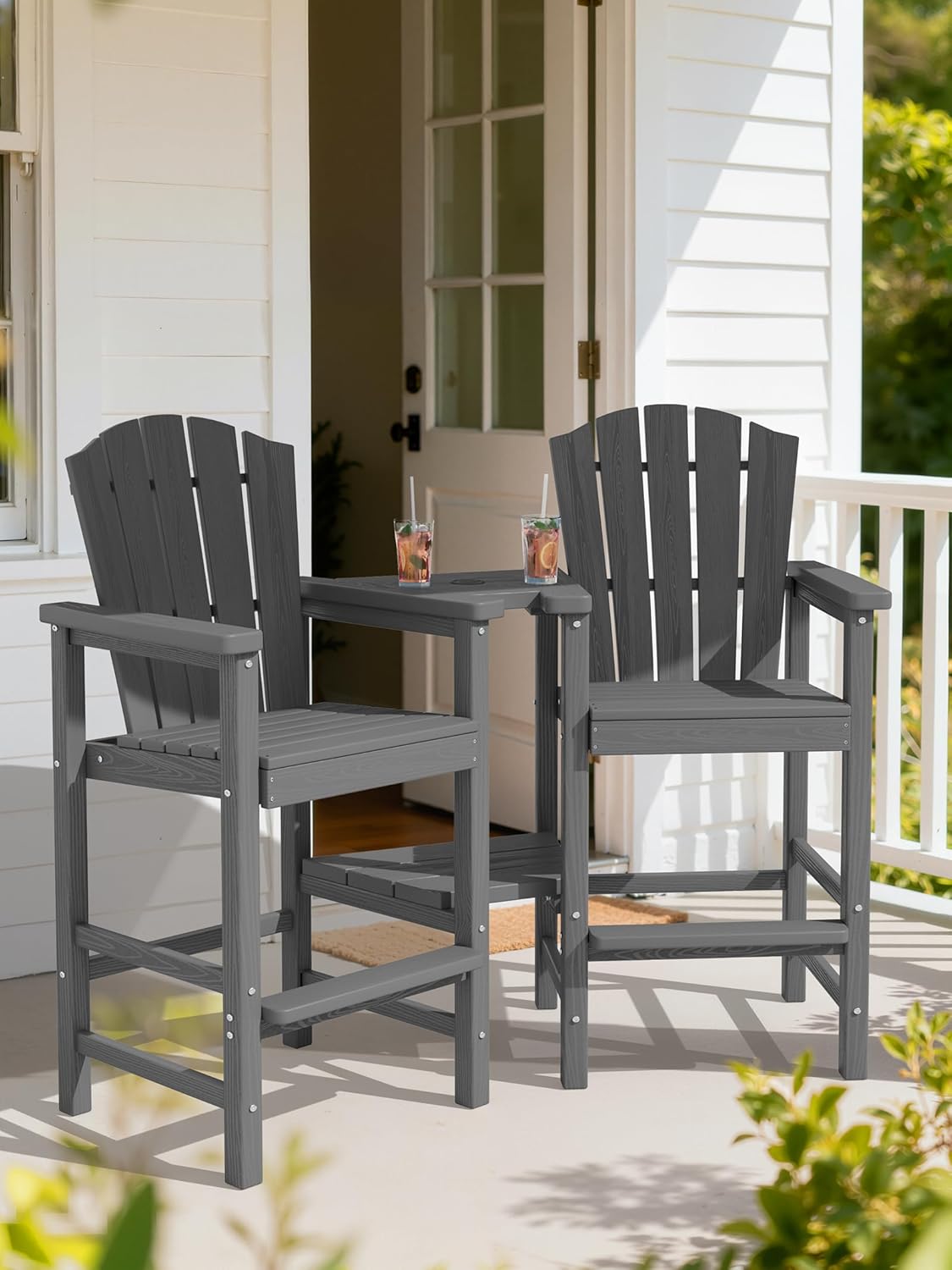 KINGYES Tall Adirondack Chair Set of 2, All-Weather HDPE Outdoor Adirondack Barstools with Removable Double Connecting Trays, High Airondack Chair with Wood Grain, Embossed Balcony Chair, Gray