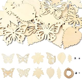 Stiesy 1 Set Butterfly Leaf Wood Craft Kits with Black Wiggle Googly Eyes Jute Cord Unfinished Wood DIY Painting Craft Wood Cutout Pendant Ornaments for DIY Craft Supplies Birthday Party Decoration
