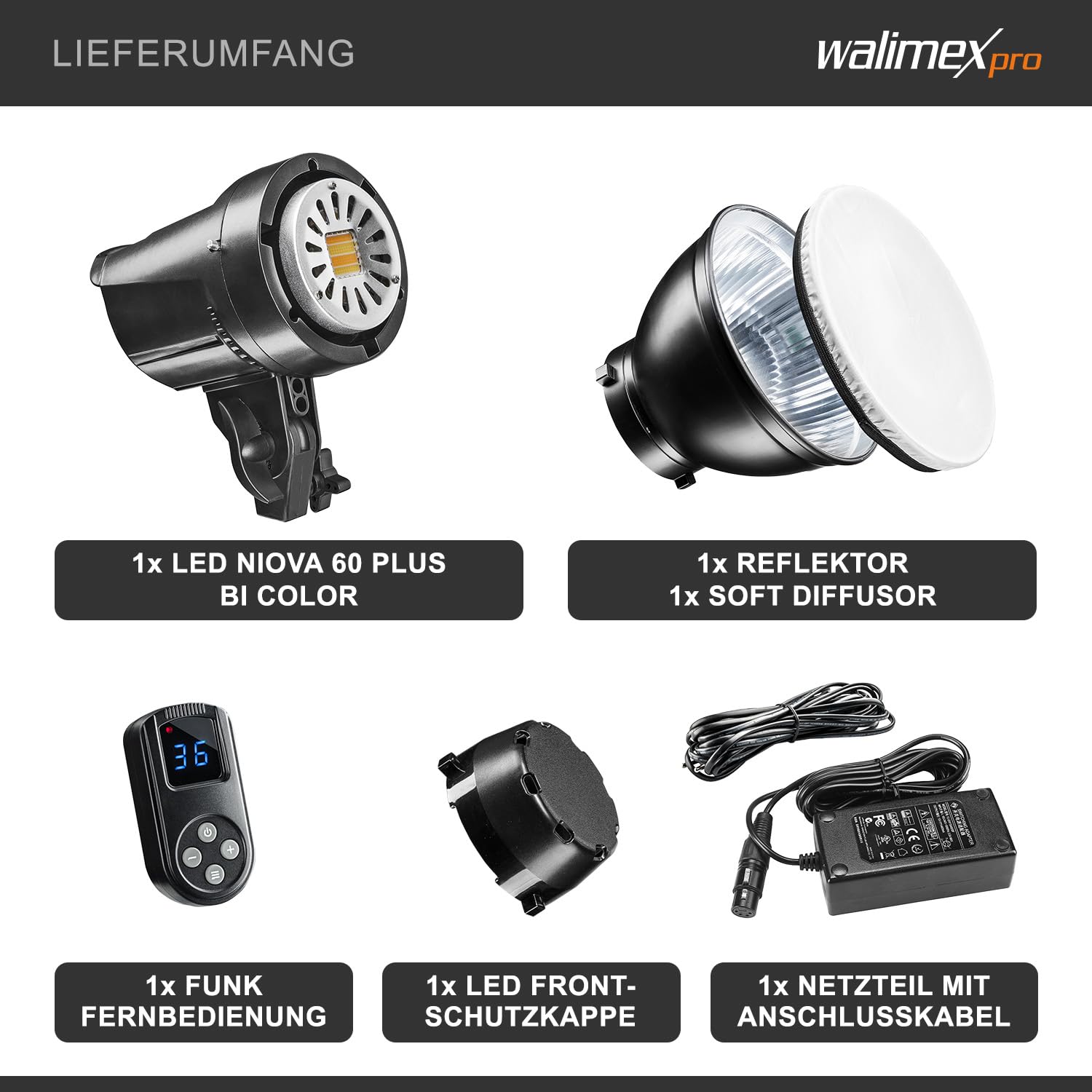 Walimex pro Niova 60 Plus Bi Color – lampa wideo LED światło ciągłe lampa studyjna, 60 W, COB LED, możliwość ściemniania, Bi Color 3200-5600K, 600 lumenów, CRI ≥ 93 Ra, radiowy pilot zdalnego sterowania, Bowens reflektor