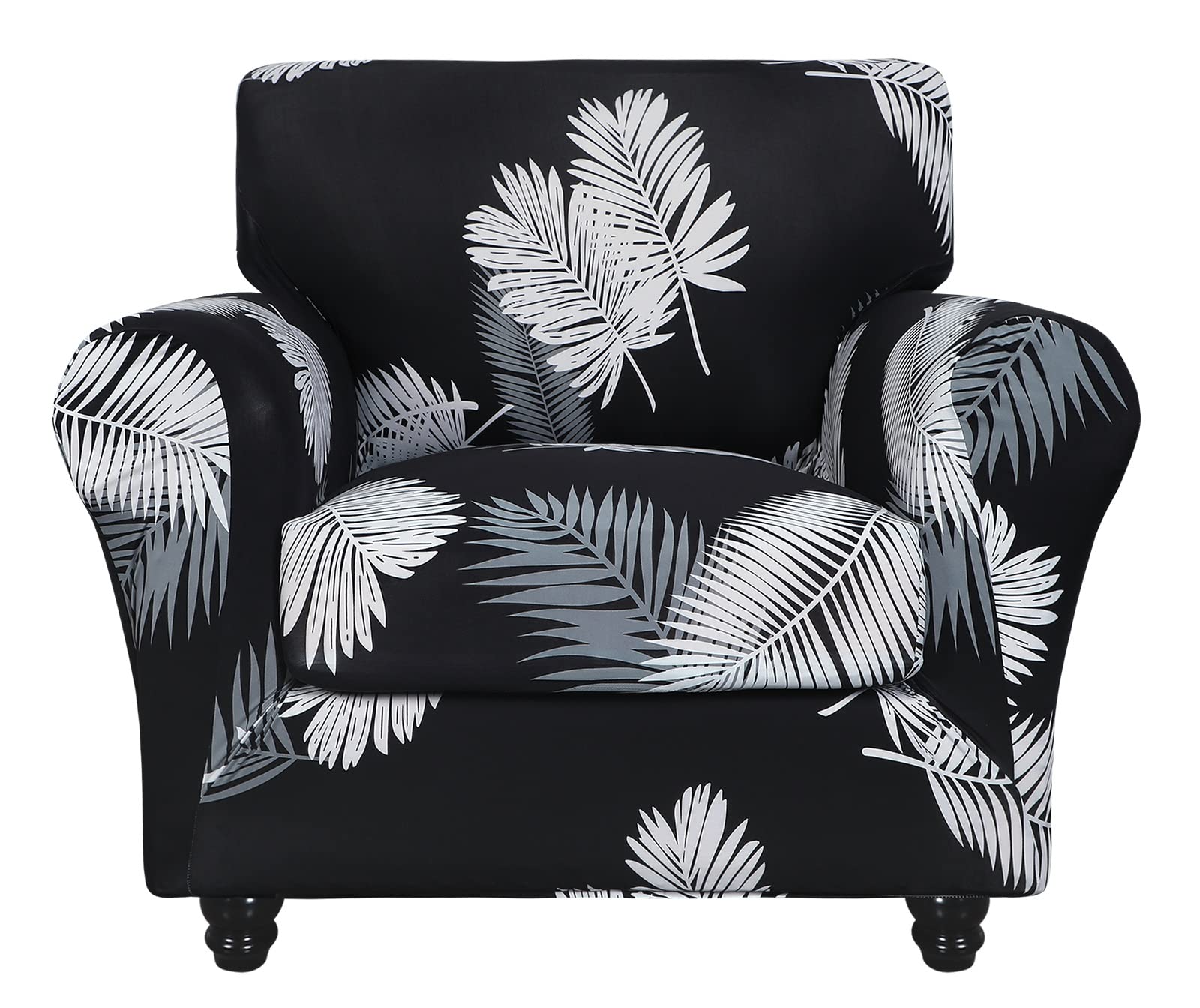 SearchI Stretch Sofa Cover Printed Couch Covers, Floral Pattern 2 Piece Armchair Slipcover with Separate Chair Cushion Cover, Washable Furniture Protector for Living Room(Armchair, Black+Feather)