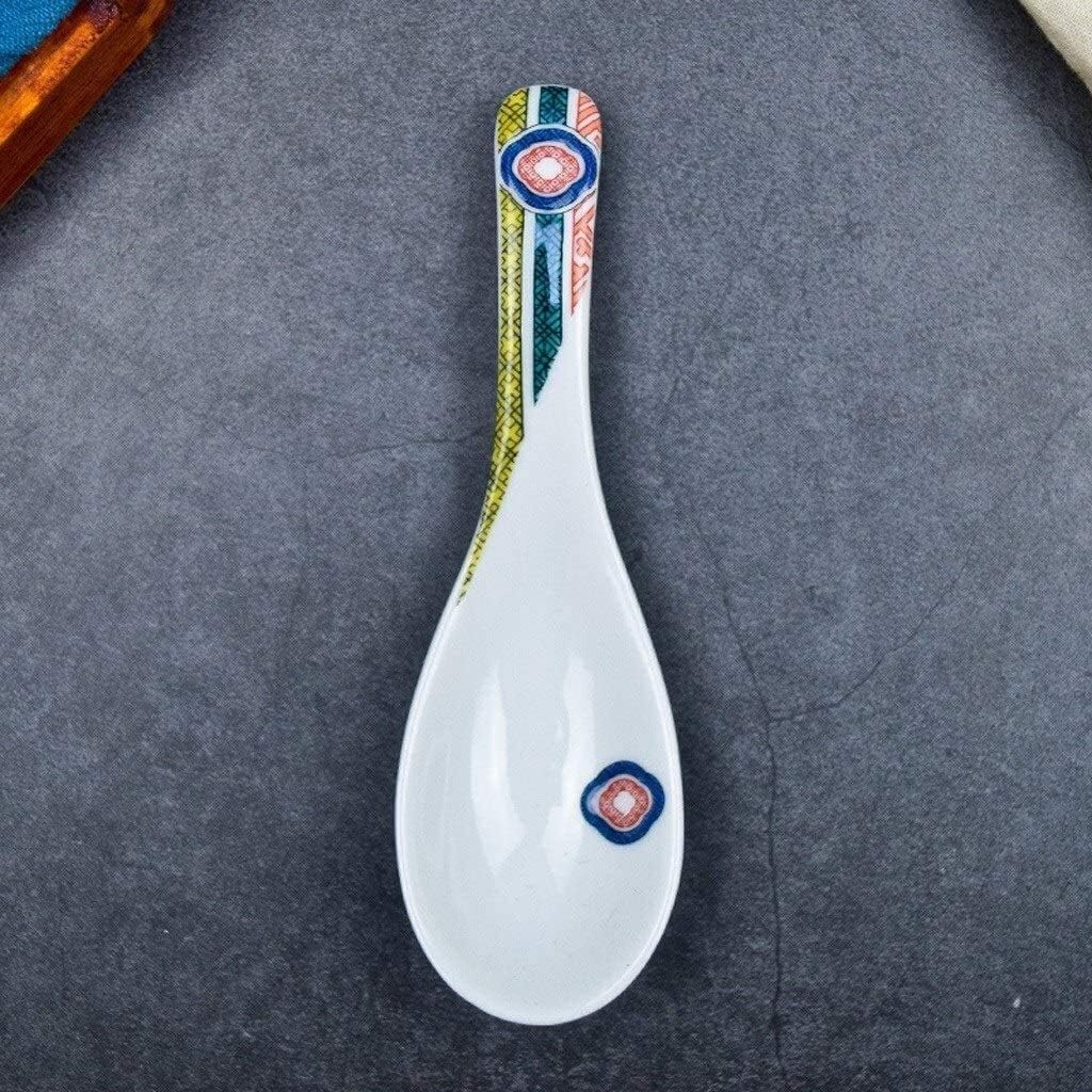 Set of Two Japanese Porcelain Soup Spoons 5.4" Handmade Ceramic Soup Spoon Retro Design Spoons for Home (Color : C)