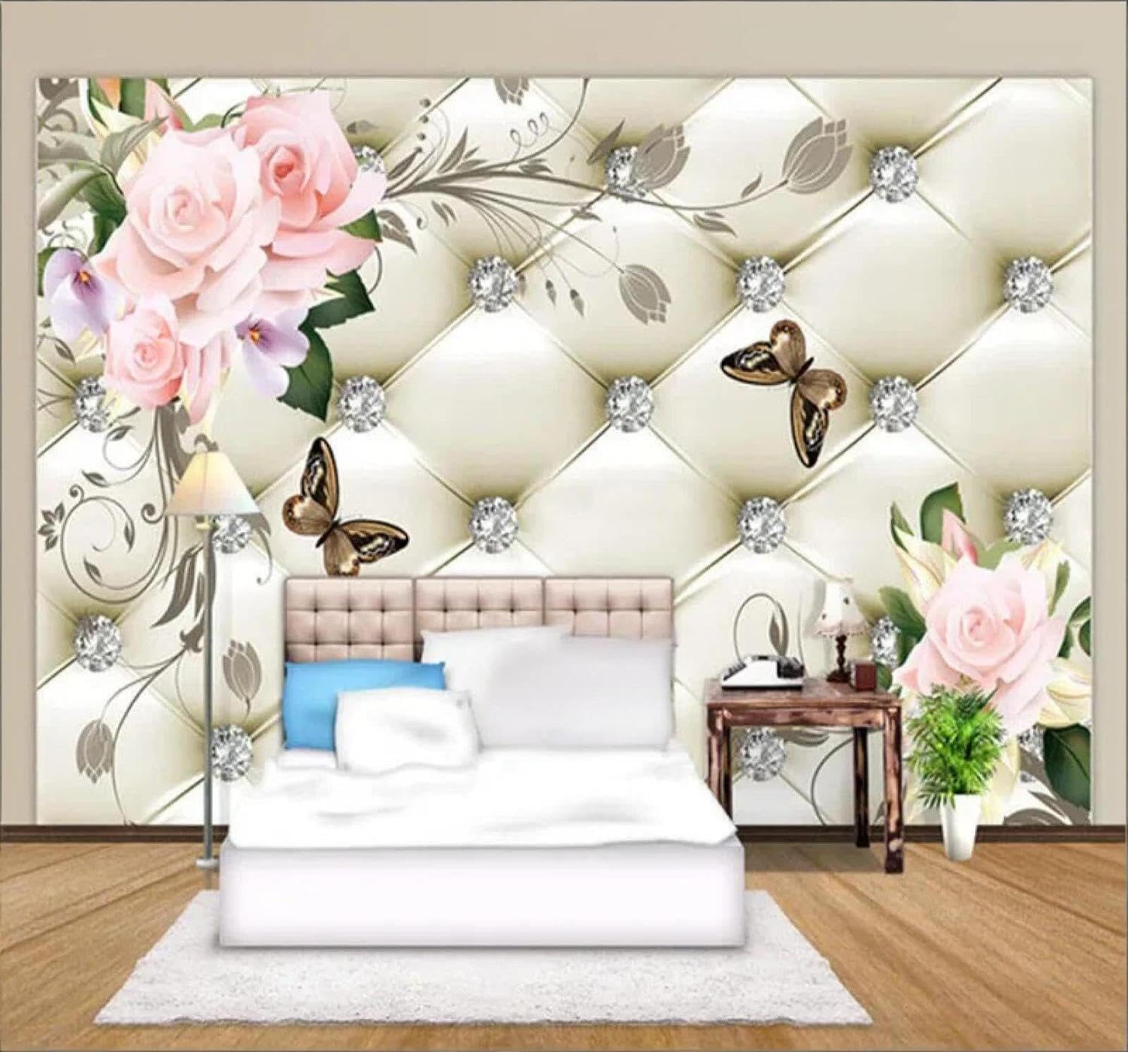 Tzxztt Upholstered Diamond Pink Rose Butterfly Modern 3D Wallpaper Premium Textured Silk Neutral Tones Material Ideal for Living Room Bedroom-200cm×140cm
