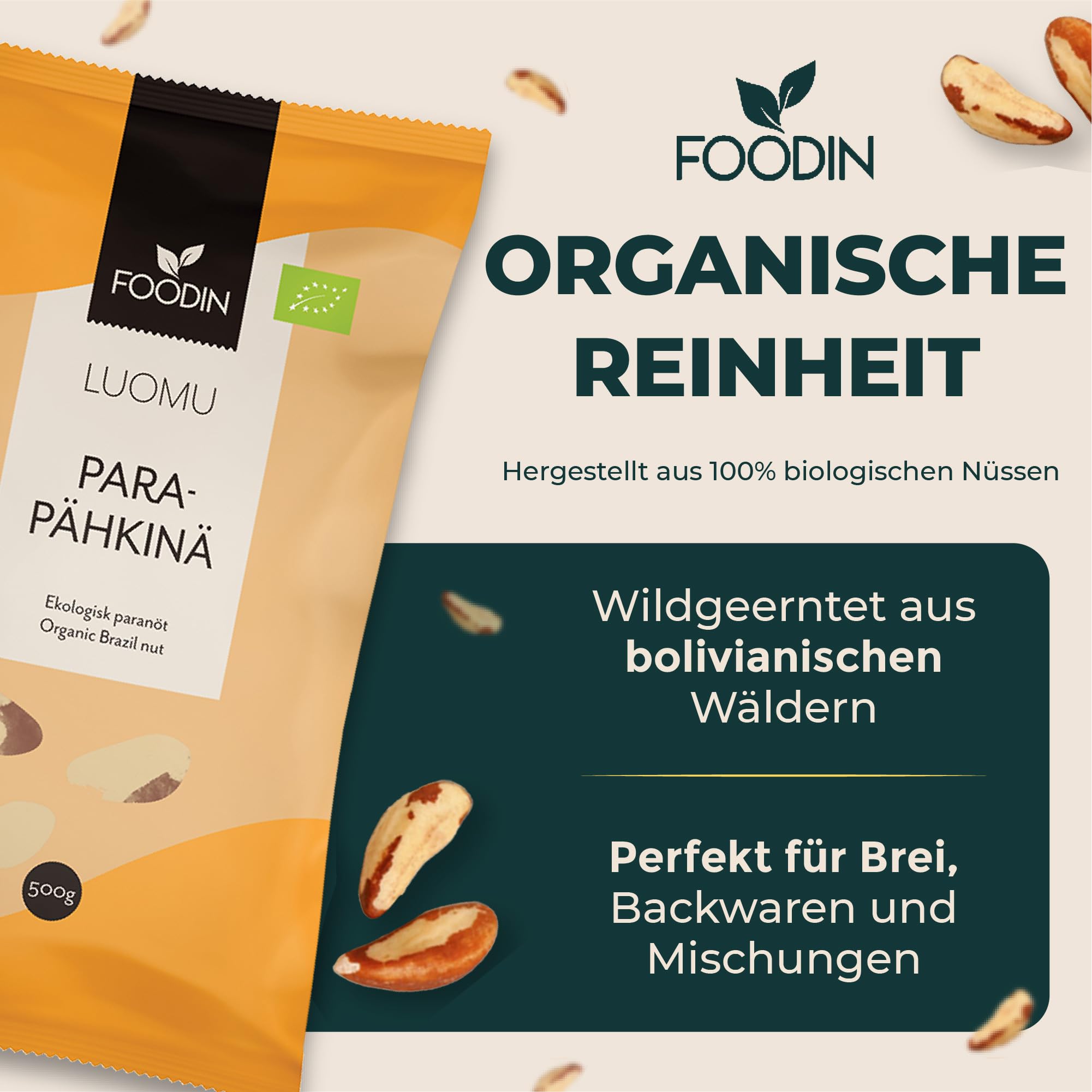 FOODIN Paranüsse 2x500g, Ausgezeichnete Quelle für Eiweiß und ungesättigte Fettsäuren, 100% Bio Paranüsse, Glutenfrei und Vegan, 2er Pack