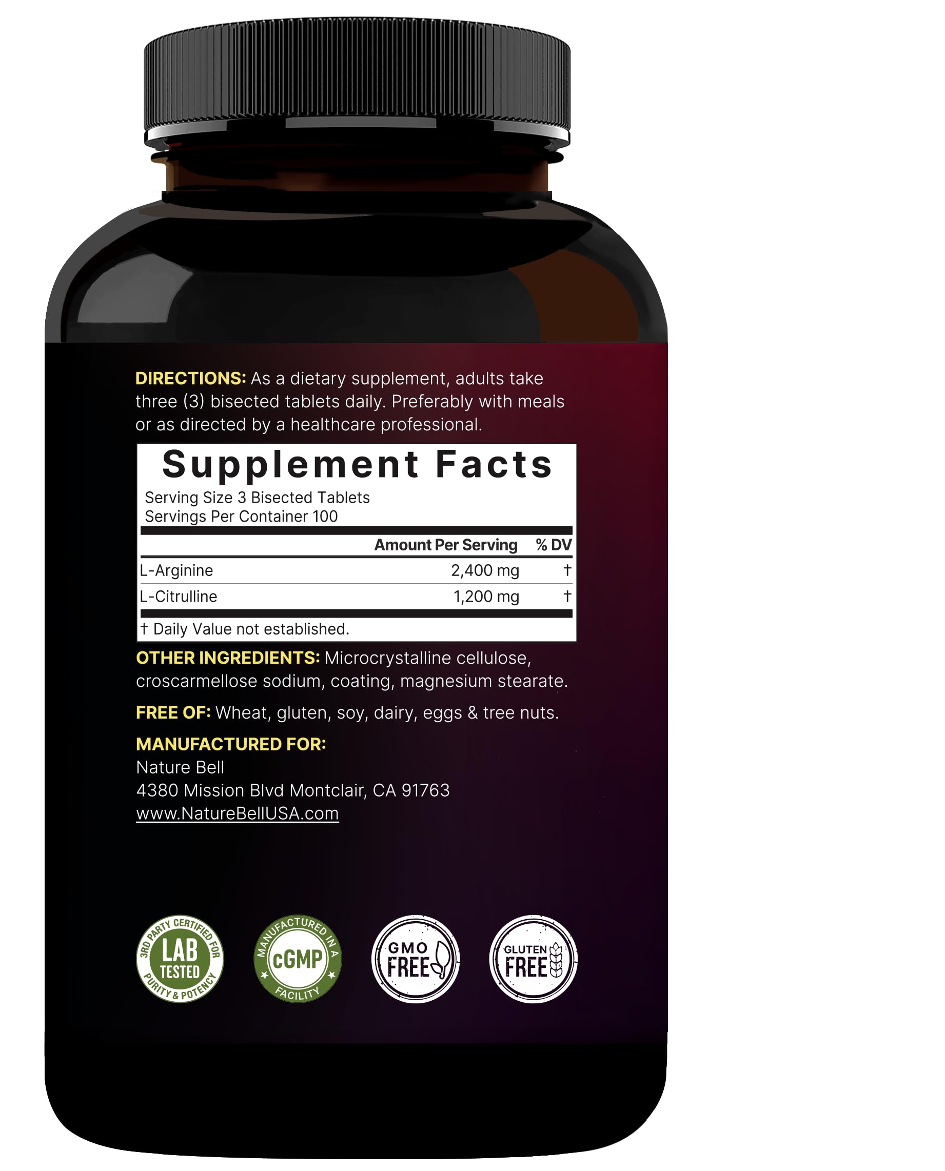 NatureBell Nitric Oxide Supplement for Men & Women – Pre-Workout Formula with L-Arginine & L-Citrulline – 3,600mg, 300 Bisected Tablets (100 Servings) – Max Strength – Non-GMO, Gluten Free* — Amazon image 6
