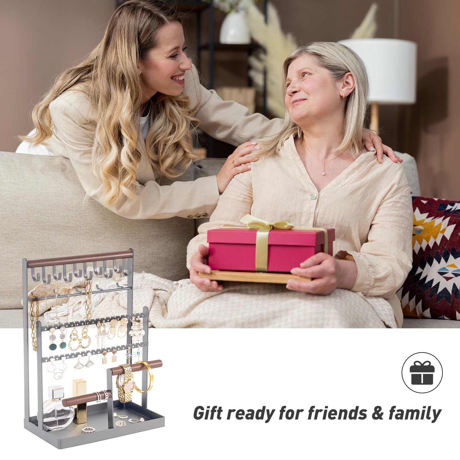 ProCase Organizer per gioielli, organizer per collane, orecchini, regali di San Valentino, 6 ripiani, supporto per collane, espositore per gioielli, albero per braccialetti e anelli, grigio