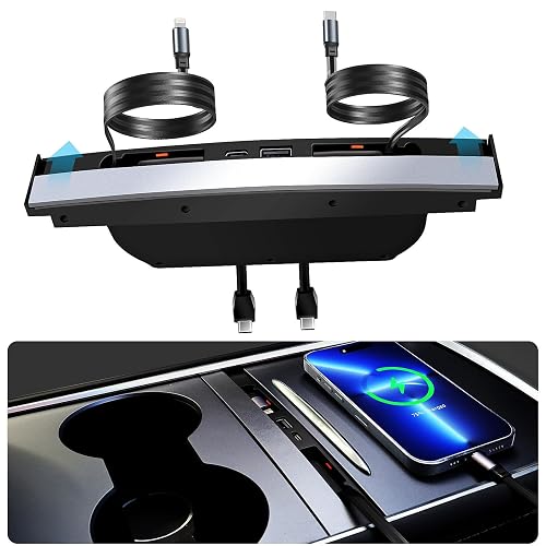 Upgrade USB Charger Hub for Tesla Model Y&Model3, 4-Ports Center Console Retractable Phone Charger,for Model Y/3 Accessories 2024 2023 2022 2021 (Not Compatible with Model 3 2024)