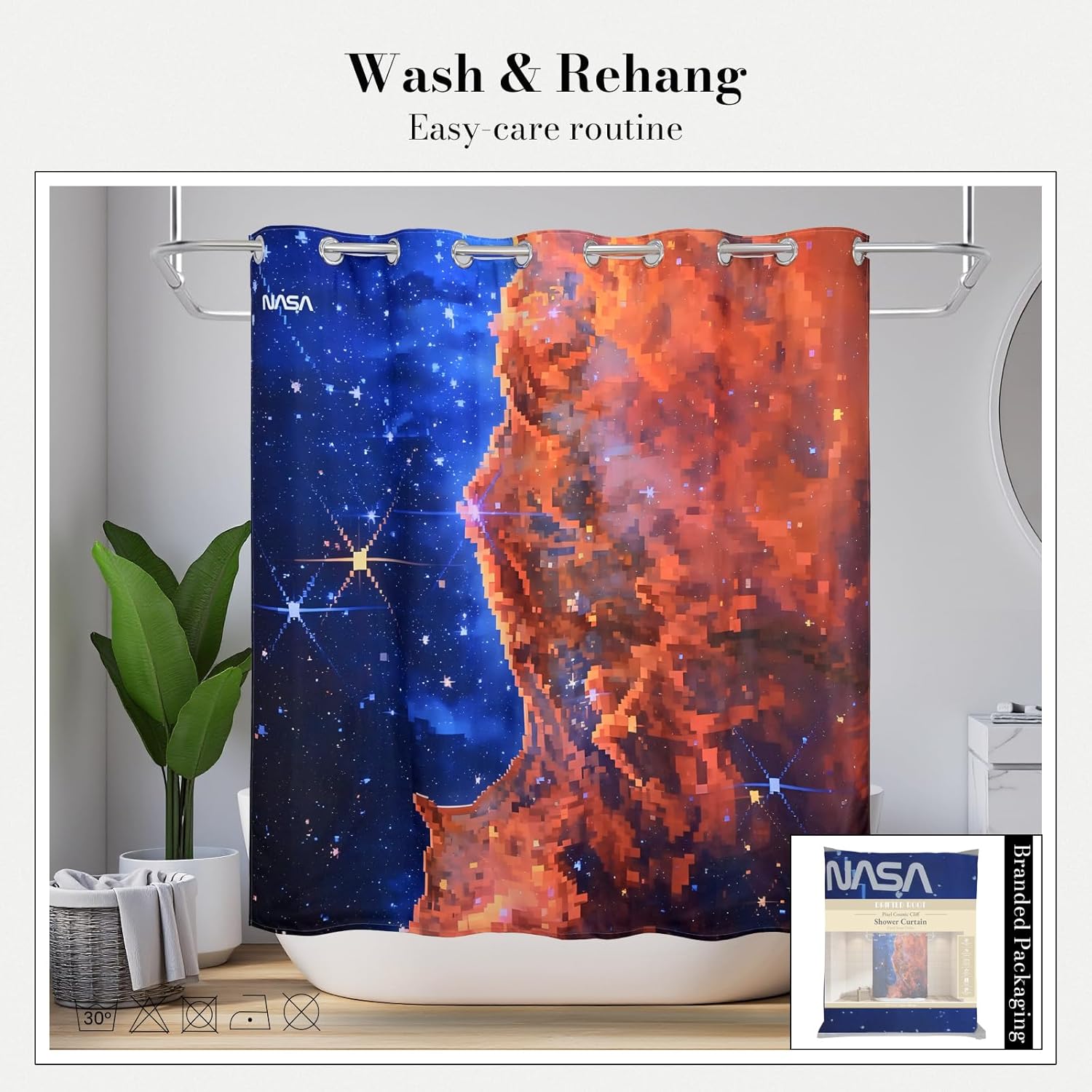 NASA Cosmic Mosaic No Hook Shower Curtain Set, NASA-Licensed Space Poster Art, Nebula Cloud Design, Gallery-Style Bathroom Décor (Cosmic Mosaic-Blue/Red, 72" W x 74" L (Pack of 1))