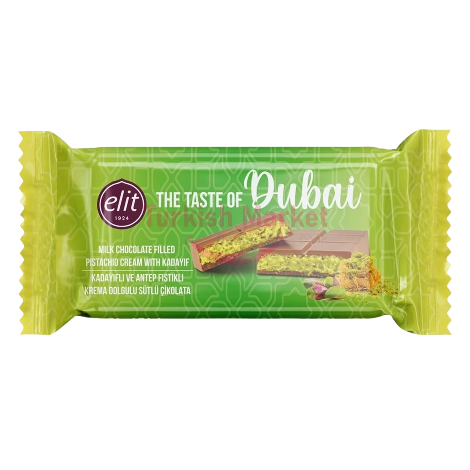 Elit Premium Dubai Chocolate Bar Pistachio Kataifi – Viral Dubai Chocolate Milk Chocolate Filled Pistachio Cream with Kadayif 1 pack 90 gr by TOM UK