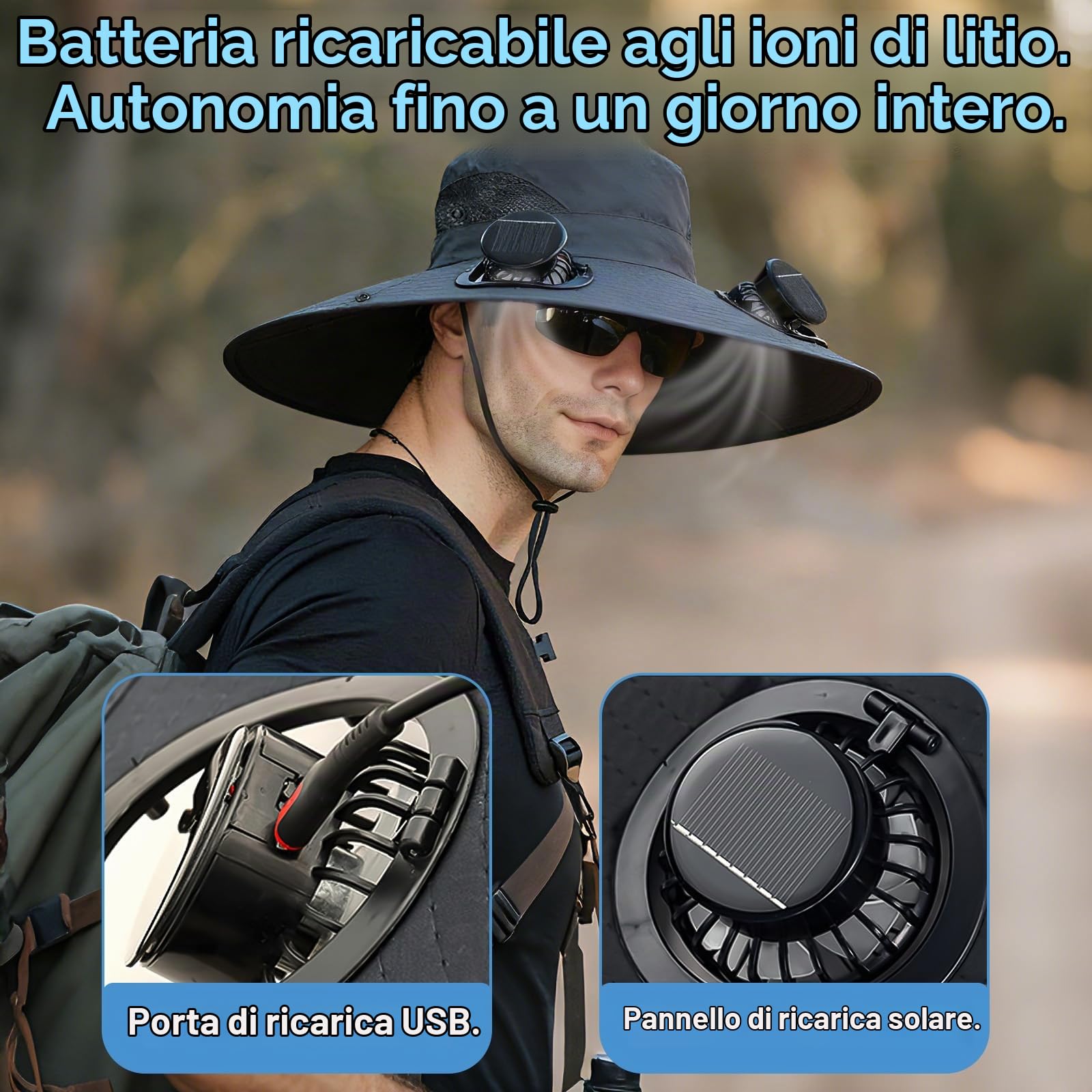 Cappello Ventilatore, Cappello con Ventilatore Solare,Dotato di 2 Ventole a Energia Solare e 3 velocità, è Adatto per La Pesca, Le Escursioni e i Lavori All'Aperto