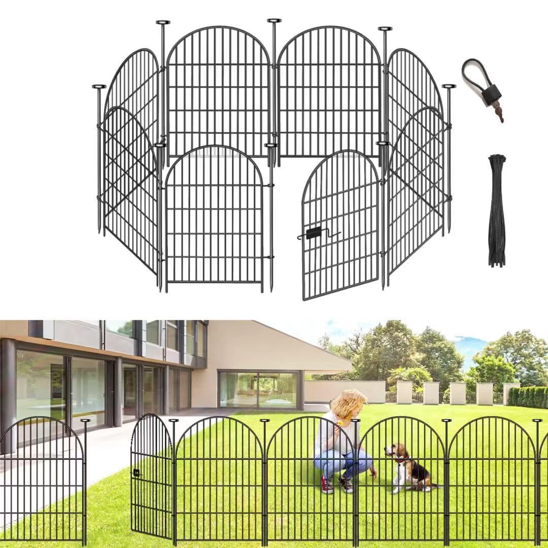 ADAVIN Garden Fence Animal Barrier with Gate 36 in(H)×17.5 Ft(L) 8 Panels,Rustproof Metal Wire Tall Fencing Border for Dogs Rabbits,Outdoor no dig pet