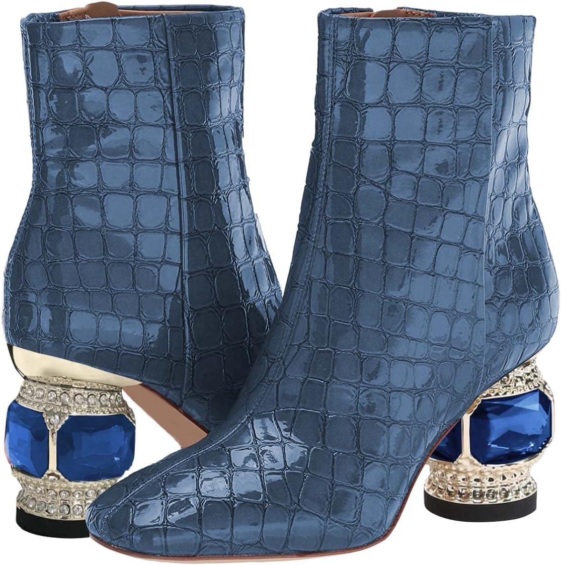 XYD Women Chic Crystal Block Heel Booties Square Toe Side Zipper Ankle Boots Party Event Club Dress Shoes