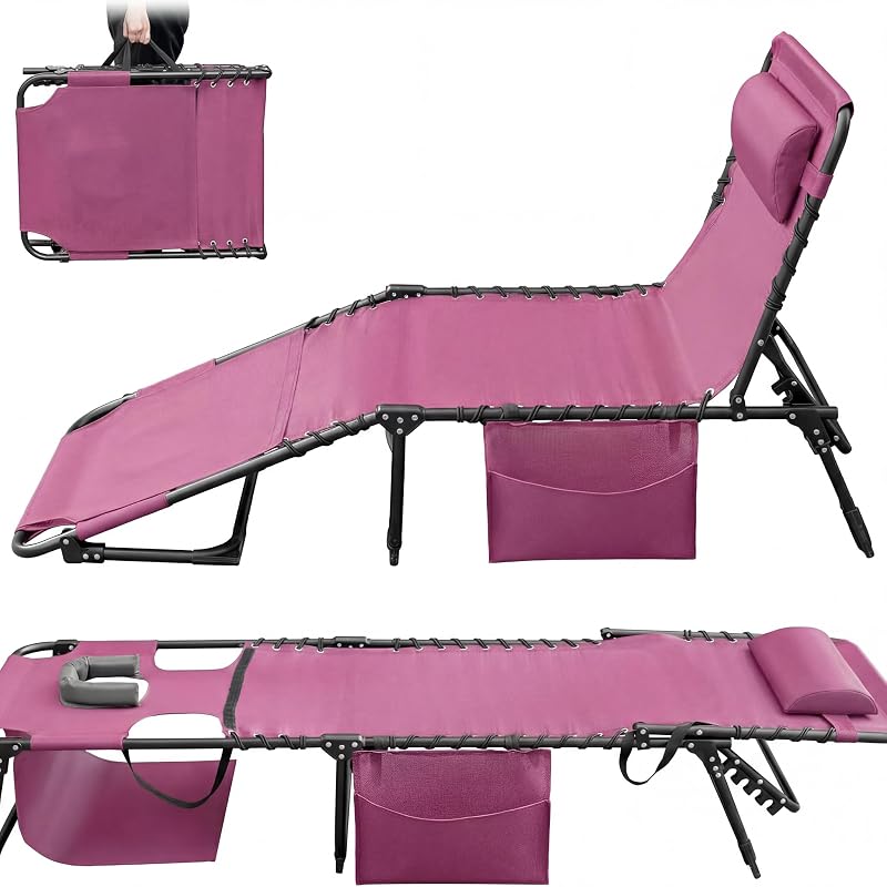Devoko Beach Lounge Chair, silla plegable portátil para broncearse al sol, rosa | Face Hole Design, resistente, para exteriores, playa, pileta, camping, uso de patio, tumbona plana