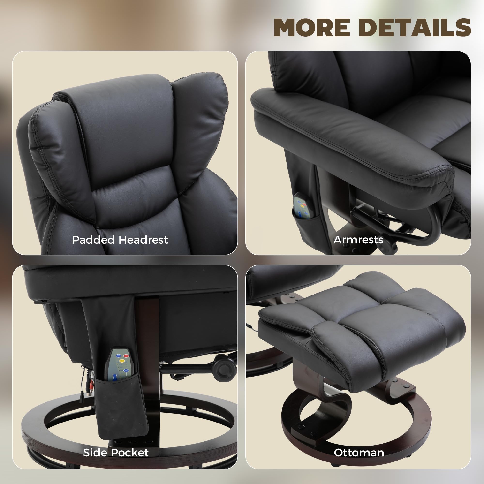 HOMCOM Poltrona Relax Elettrica con Pouf Poggiapiedi e Funzione Massaggio, Poltrona Reclinabile a 145° con Seduta Girevole a 360°, Rivestimento Finta Pelle, Nero