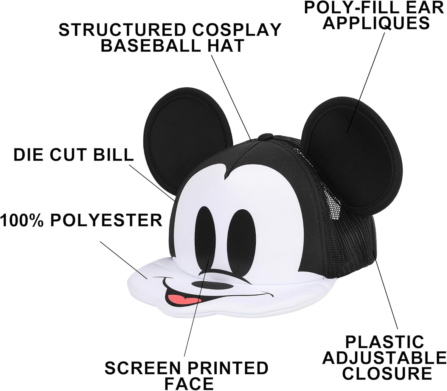 Bioworld Mickey Mouse Die Cut Bill and Ear Applique Nylon and Mesh B5 Trucker Hat Snapback