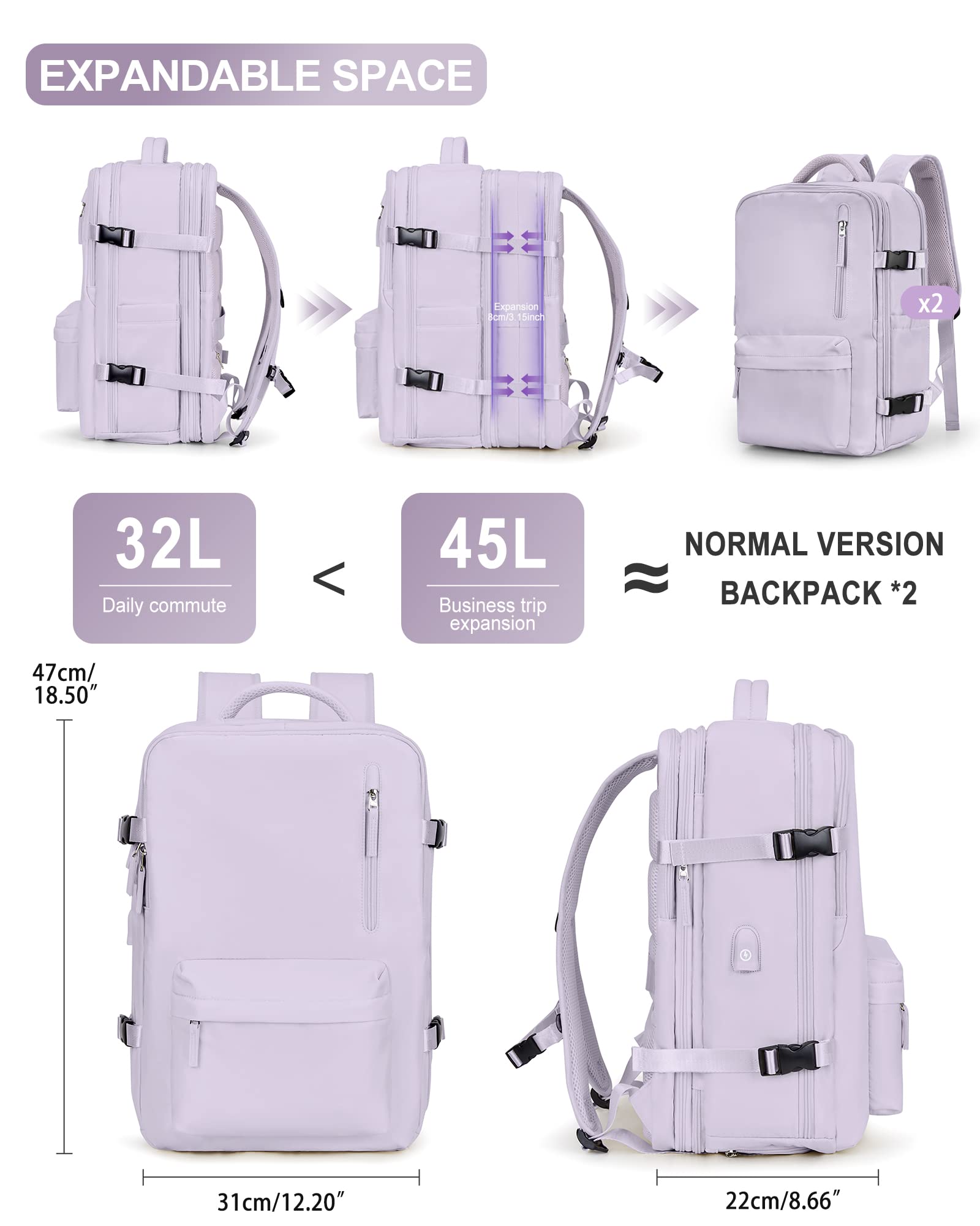 VGCUB Large Travel Work Business Backpack Carry on Flight Approved Laptop Backpack for Women Men Mochila de Viaje A12-purple-large - Image 2