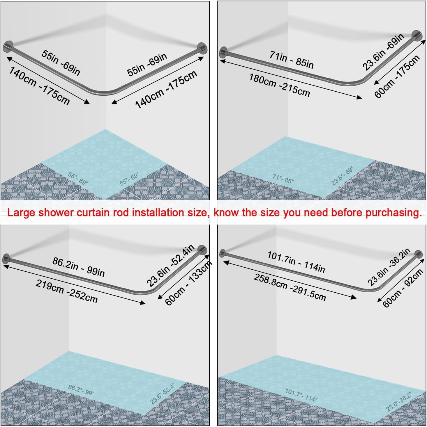 Stretchable 304 Stainless L Shaped Bathroom Bathtub Corner Shower Curtain Rod Rack (24"-69" x 24"-85", Maximum size 113''), Drill Free Install, for Bathroom, Clothing Store, Private Space