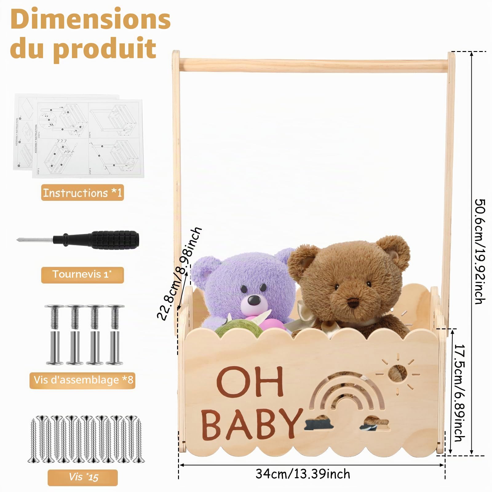 Cadeau de fête prénatale avec poignée, en bois, 34 x 22,8 x 17,5 cm, panier de rangement décoratif, cadeau pour anniversaire, fête prénatale, nouveau-né, nouveaux parents (A)
