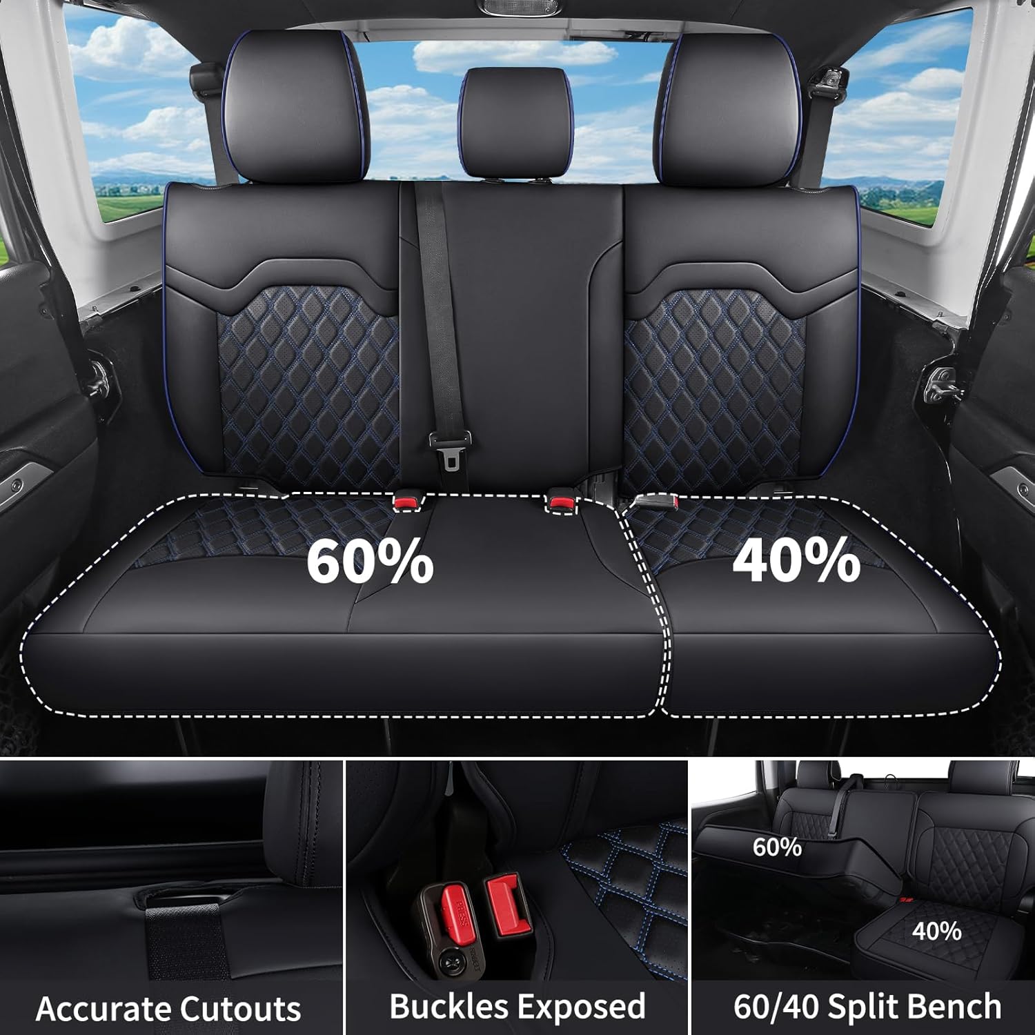 Huidasource Seat Covers Full Set Fit for Toyota Tacoma 2016-2023 Double & Crew Cab SR SR5 Limited TRD Sport/Pro/Off Road, Full Coverage Automotive Interior Car Seat Cover Accessories, Black&Blue