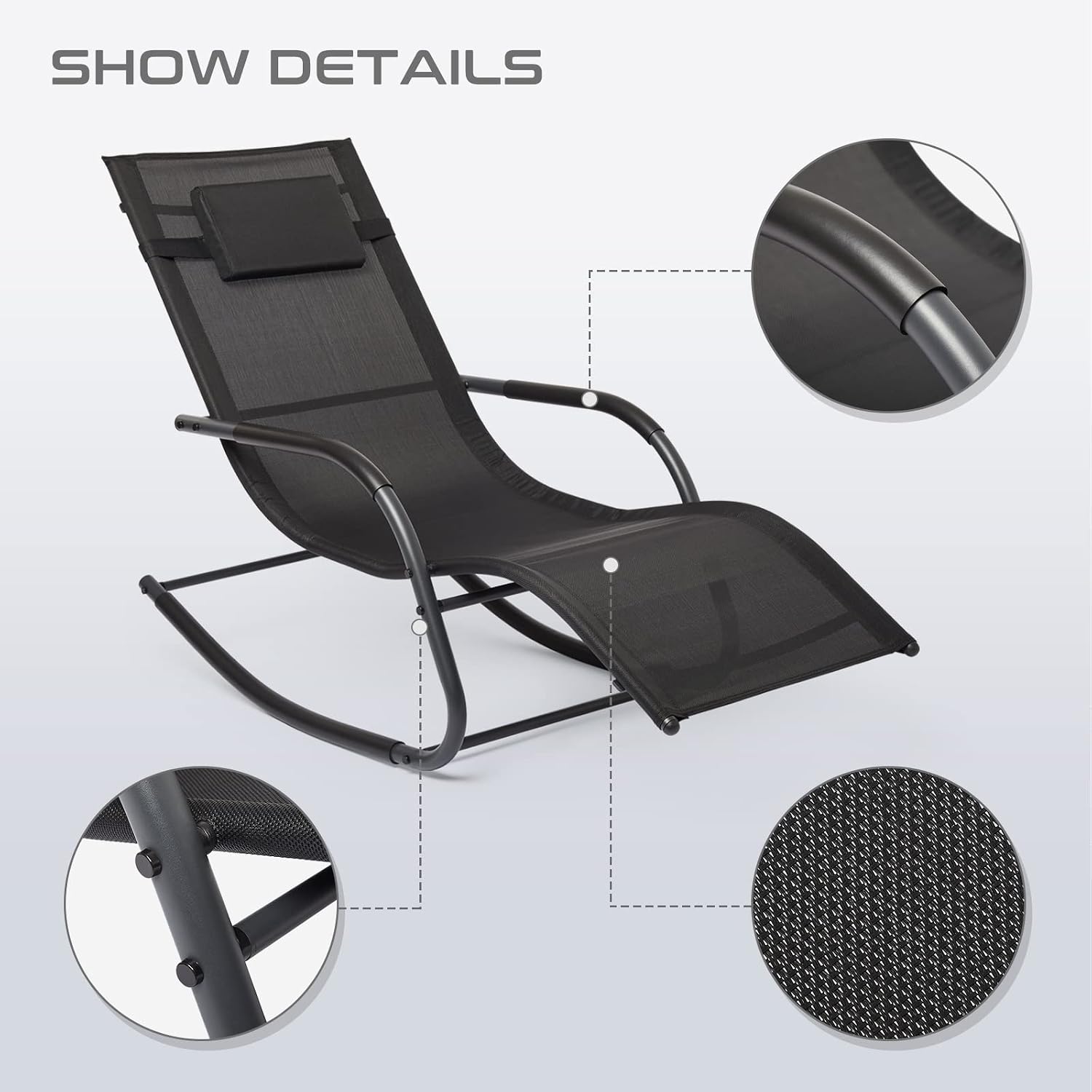 Diagram showing the ergonomic design and rocking motion of the Mondeer Rocking Chaise Lounge, highlighting UV resistance, 160kg capacity, and textilene fabric.
